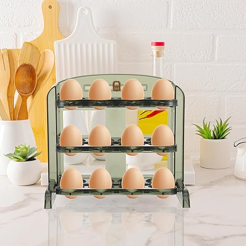 Miniatura 8 de BESPORTBLE Soporte para huevos de 30 rejillas para refrigerador, contenedor de almacenamiento de huevos abatible de 3 capas para puerta de