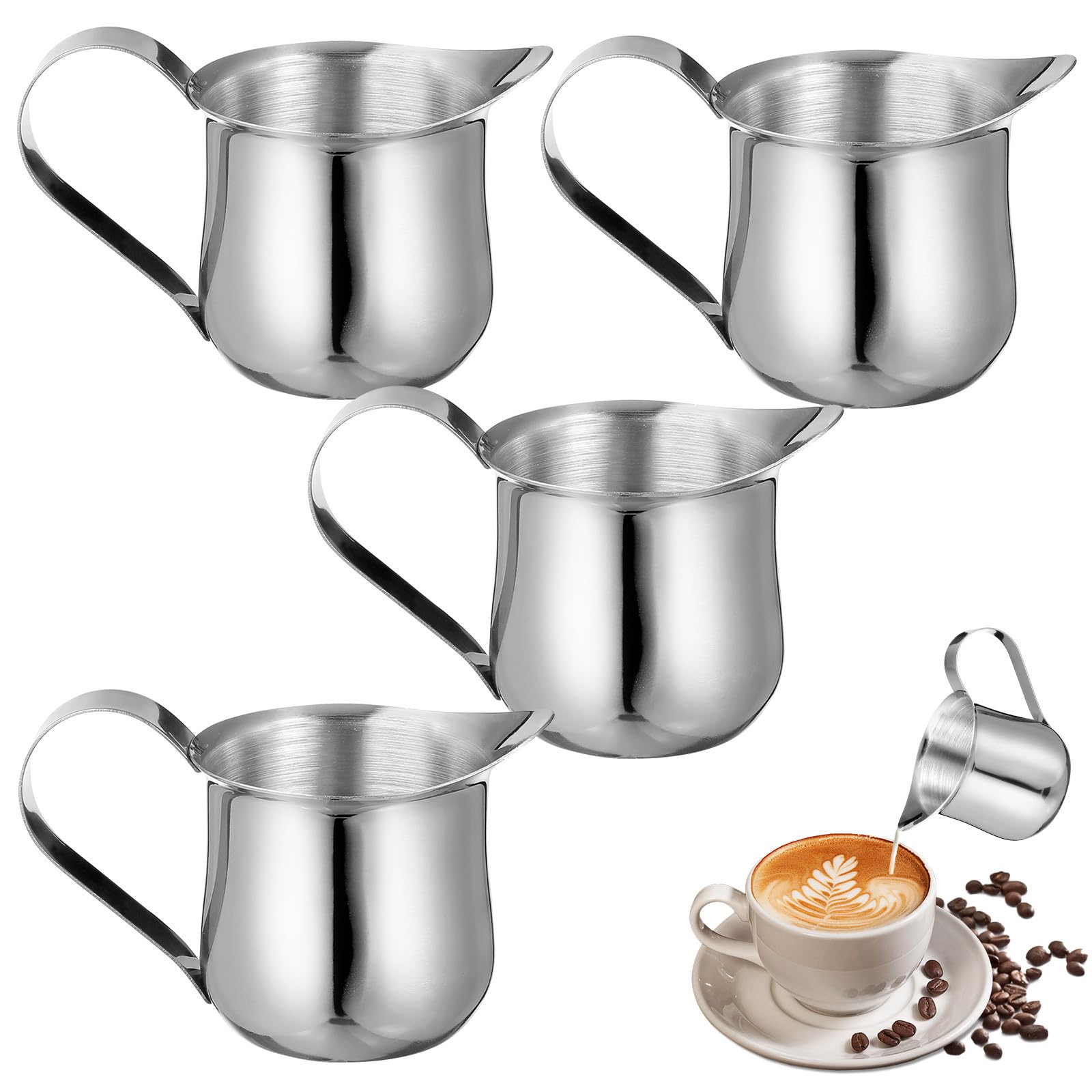 Set di 4 mini brocche per latte in acciaio inox, 50 ml, con beccuccio, per schiumare e servire panna, set di piccole brocche per latte per uso domestico e bar