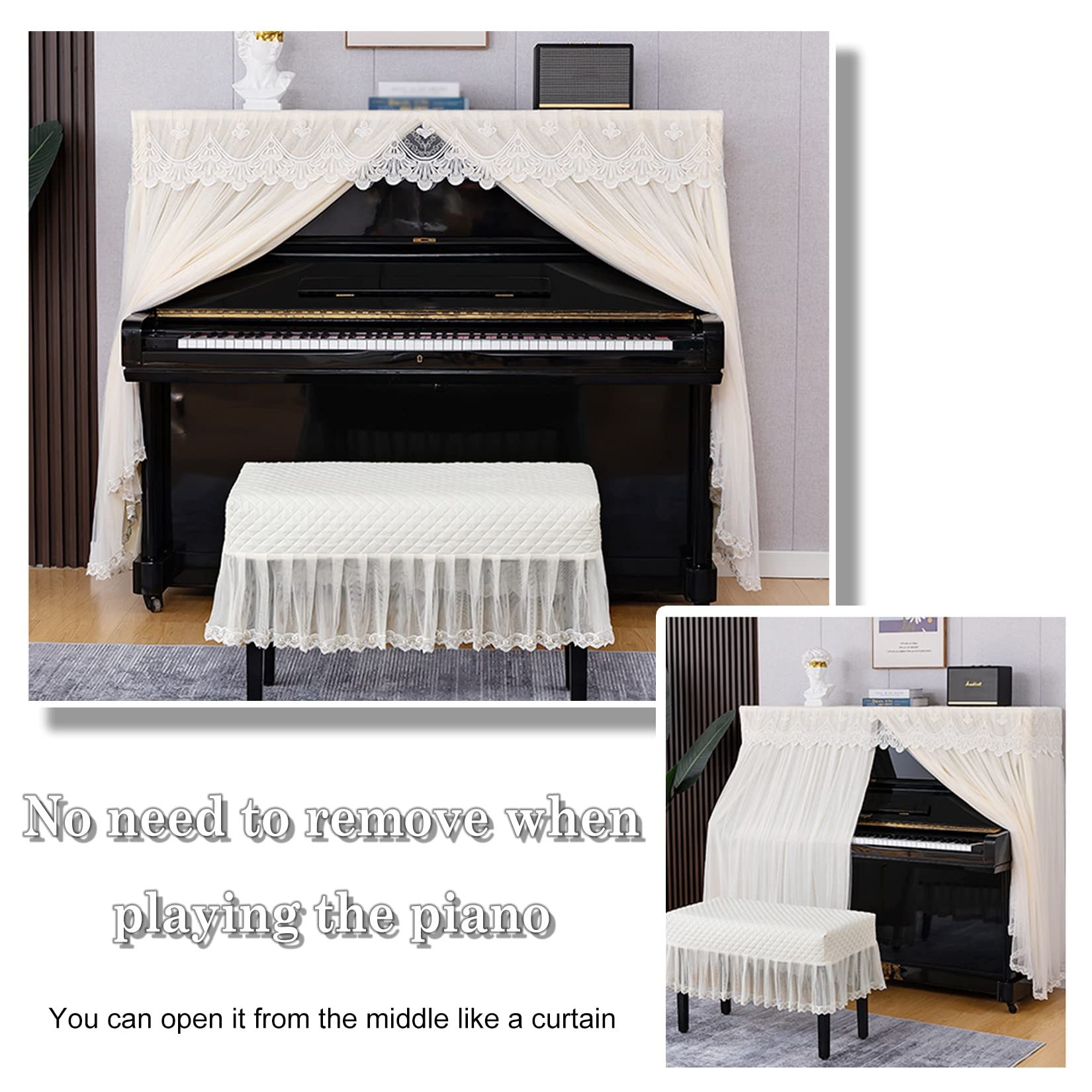 ESOYAWE Copertura di Pianoforte Verticale Coperchio di Protezione per Pianoforti Pianoforte Accessori, Tessuti di Alta qualità Pizzo Ricamo Plissettate Decorazione Copertura Pianoforte