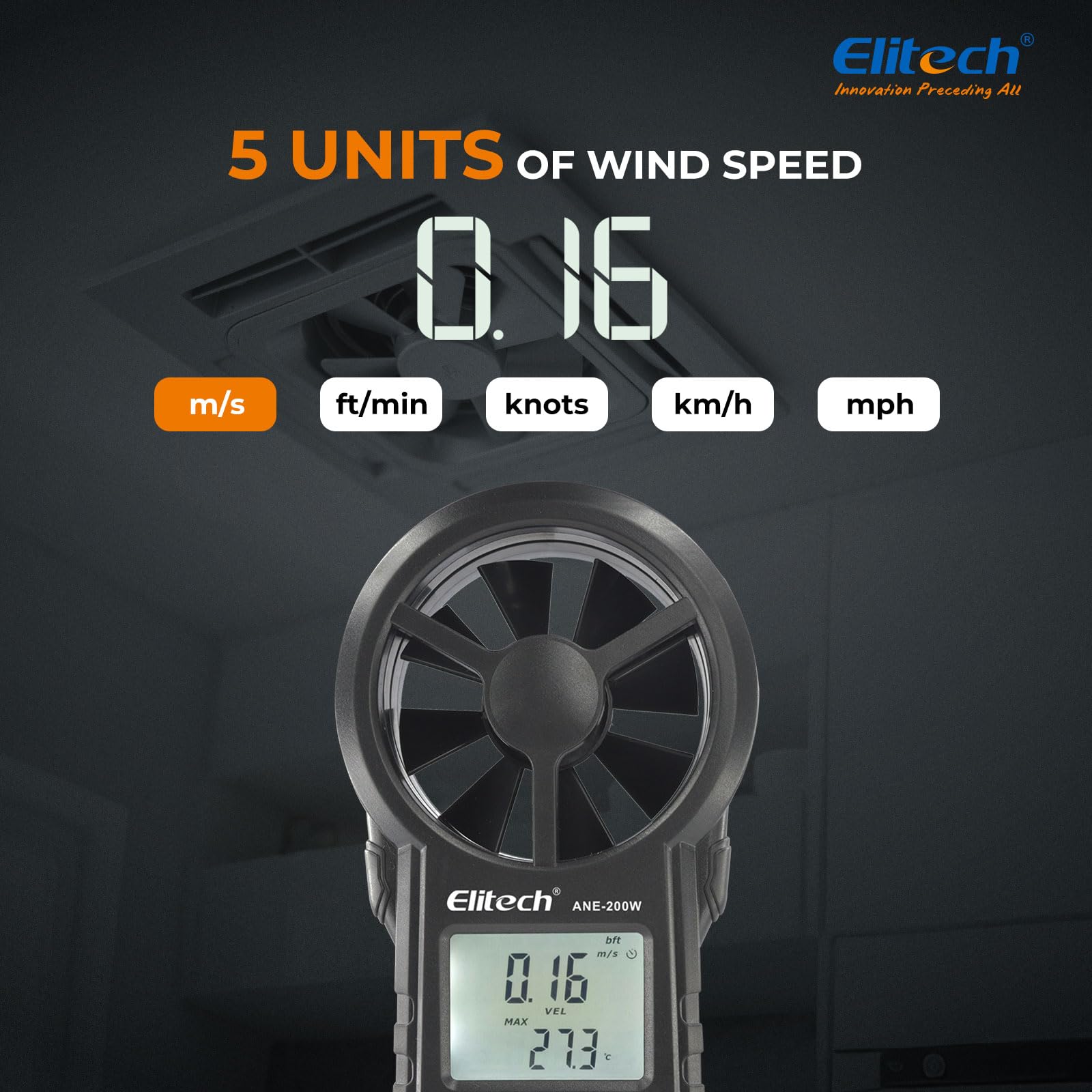 Elitech Wiatomierz Bluetooth, cyfrowy anemometr, pomiar prędkości wiatru, eksport danych USB, pomiar przepływu powietrza CFM/CMM do kontroli HVAC i ochrony środowiska ANE-200 W