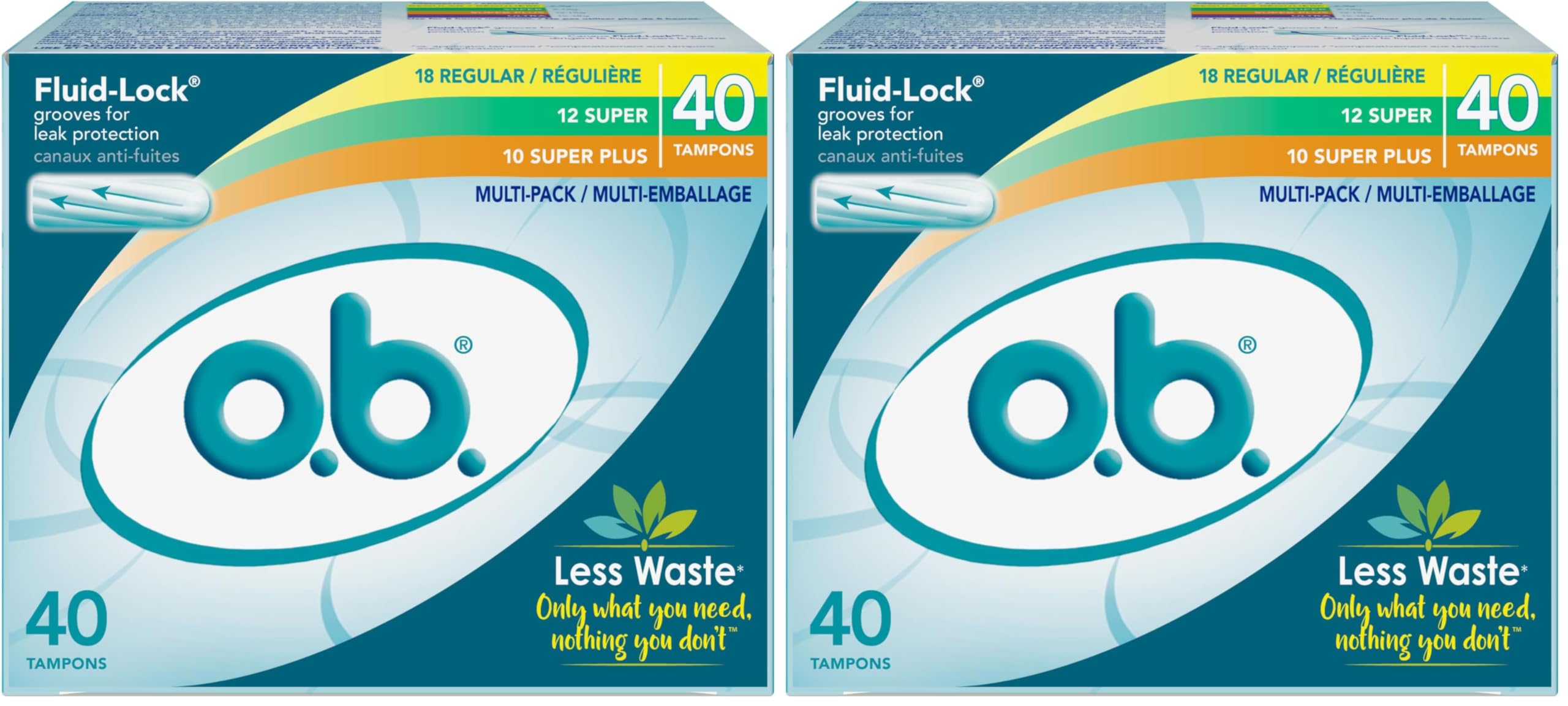 o.b. Tampons Multipack | Non-Applicator Tampon, Unscented | Regular/Super/Super Plus Tampons, 40ct (Pack of 2)