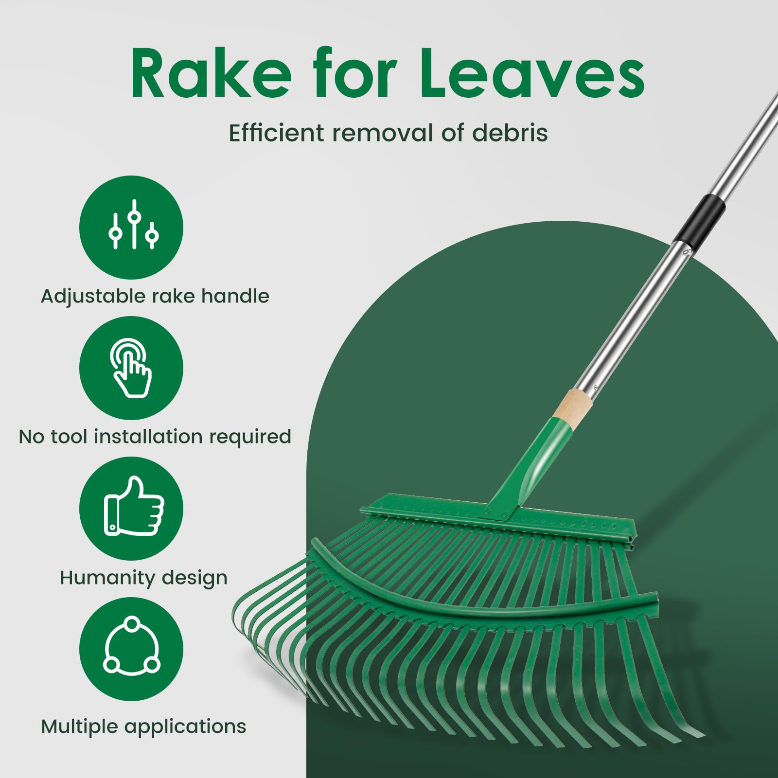 Rastrello da giardino regolabile in metallo, extra largo con manico lungo per la pulizia di prati e giardini, strumento ideale per la manutenzione di piante, terrazze e cortili, durevole ed efficiente