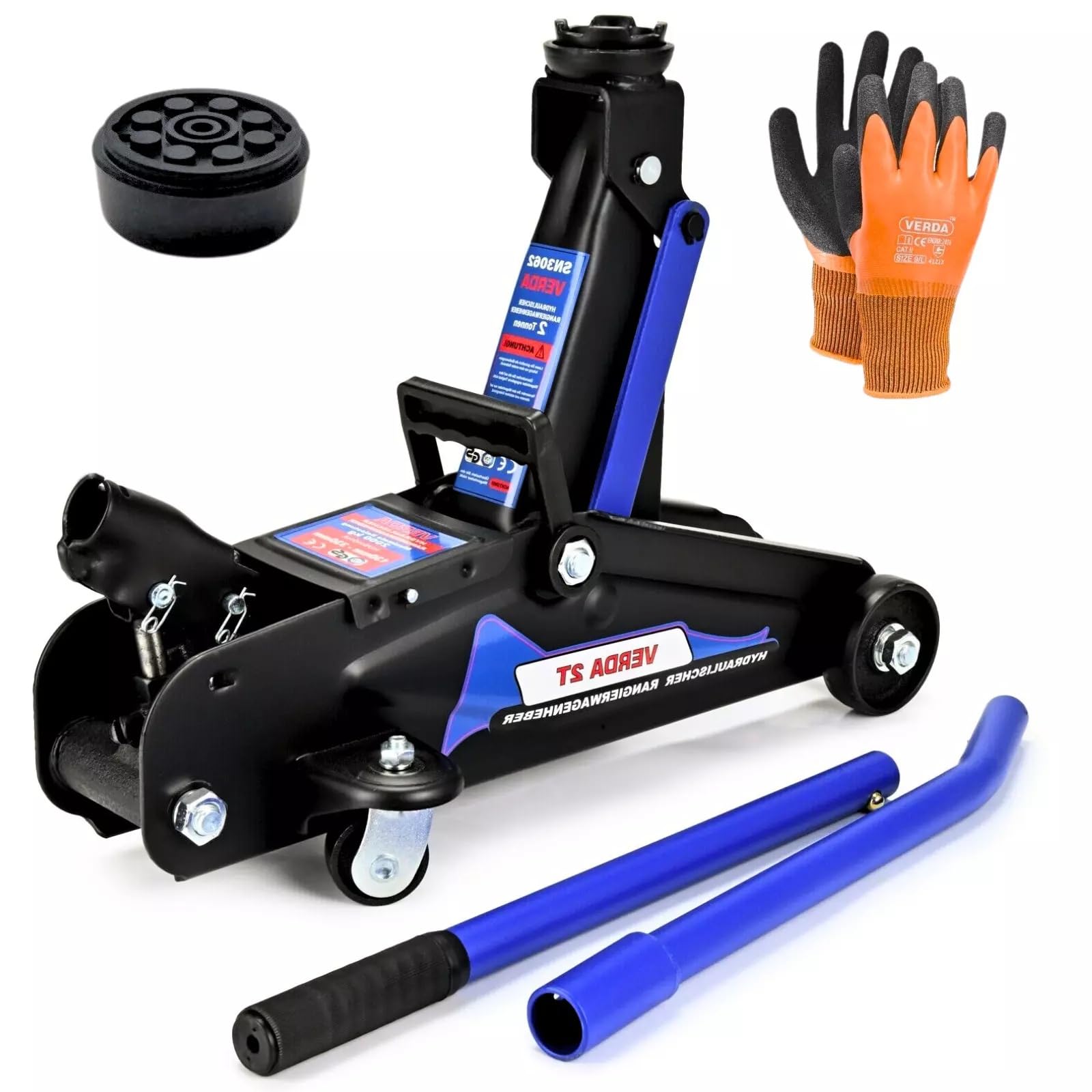 Gato hidráulico Verda de 2T, 130-330mm + revestimiento de goma + guantes de montaje profesionales para autocaravana, gato de maniobra, todo terreno, taller, elevador de coche, turismo, bajo