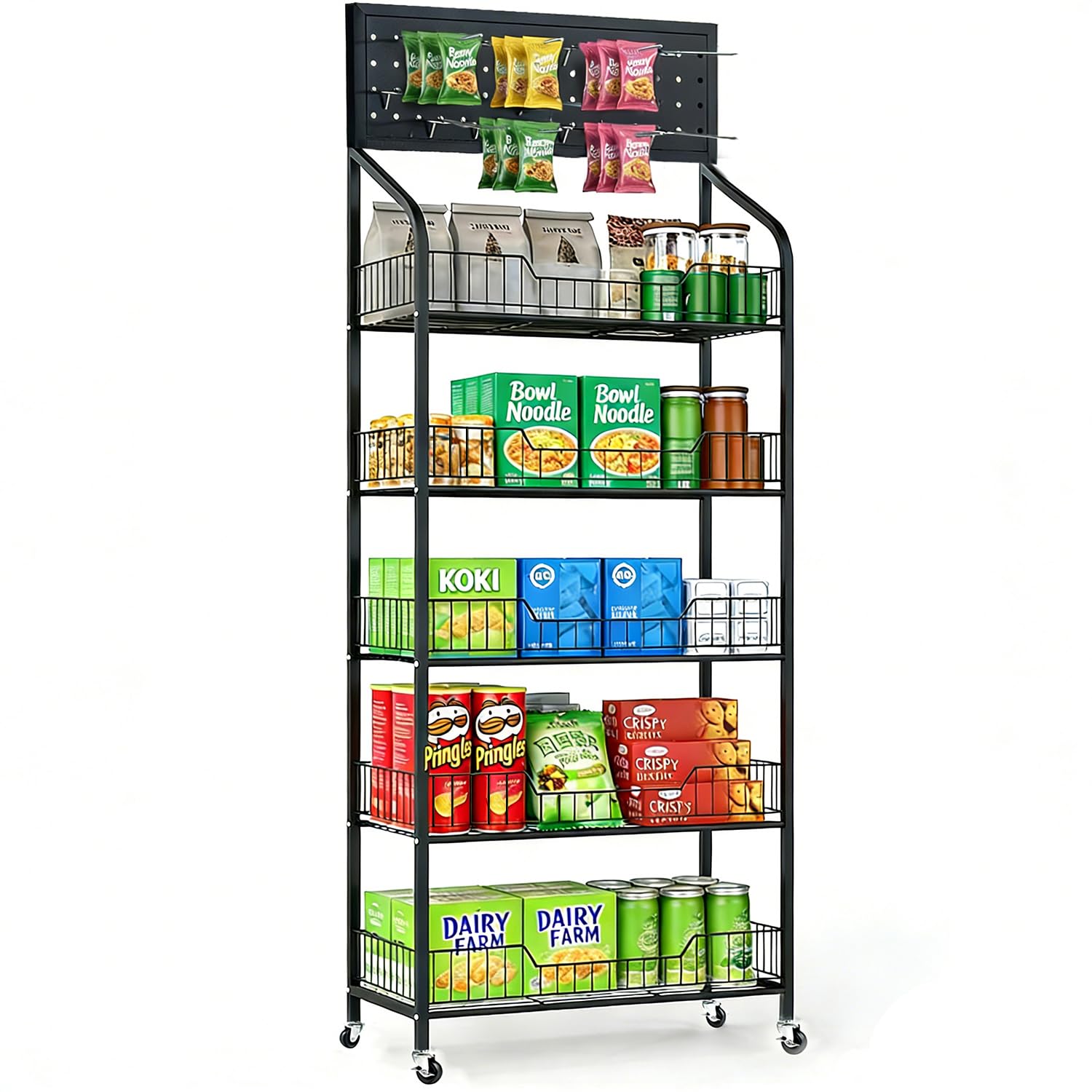 devesanter 5-stufiges Metallregal mit 10 Haken und 4 Rollen,Schwarz | Großzügiges Präsentationsregal für Snacks und Zubehör. Mobil einsetzbar in Handel, Garage, Küche, Wohnzimmer und Büro.
