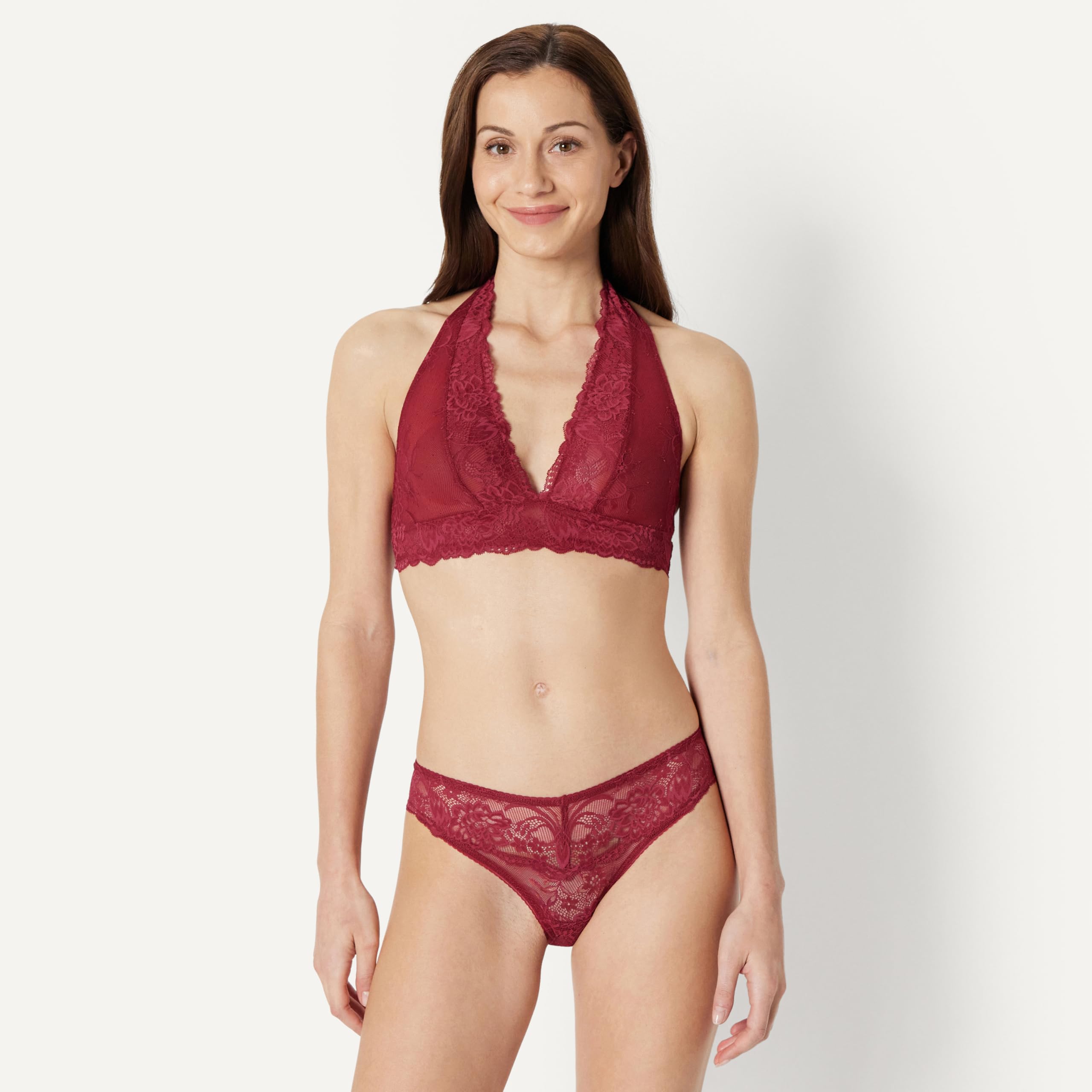 Amazon Essentials Bralette Halter con Scollo a V Profondo Non Imbottita, senza Ferretto, in Morbido Pizzo Elasticizzato Donna, Pacco da 2