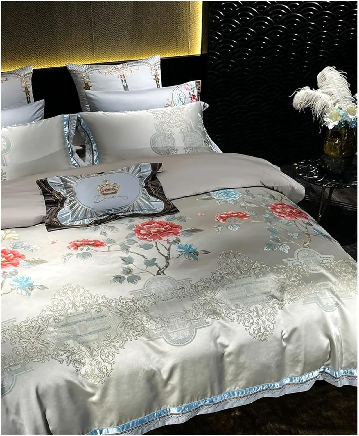 4Pcs Luxury Bedding Set Floral Blosssom Damask Jacquard Weave Duvet Cover Quilted Cotton Bedspread Bed Sheet Pillow Shams,Bed