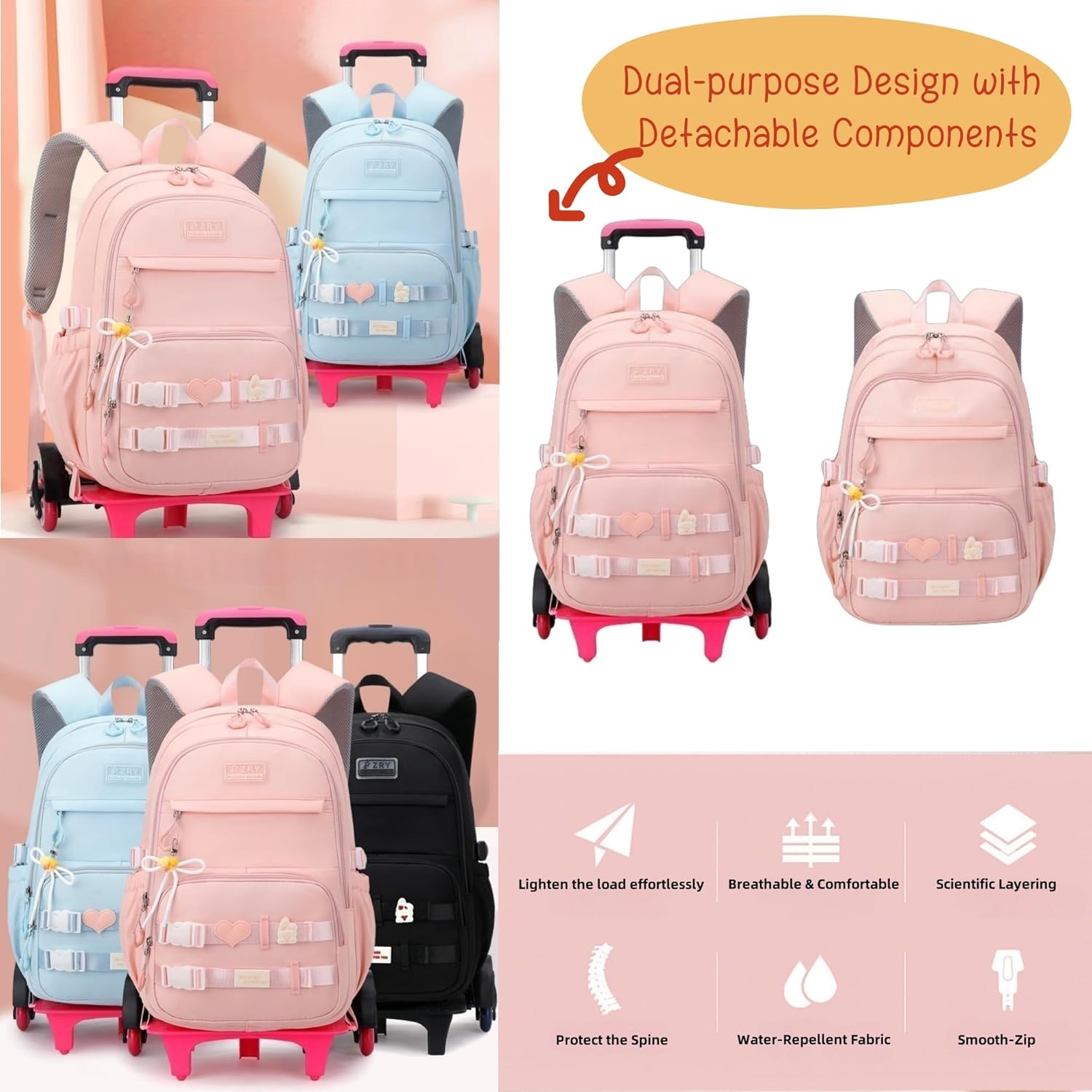 Girls Rolling Backpack Wheeled Backpack for Boys Trolley School Bags Kids Luggage Roller Backpack with 6 Wheels - Image 6