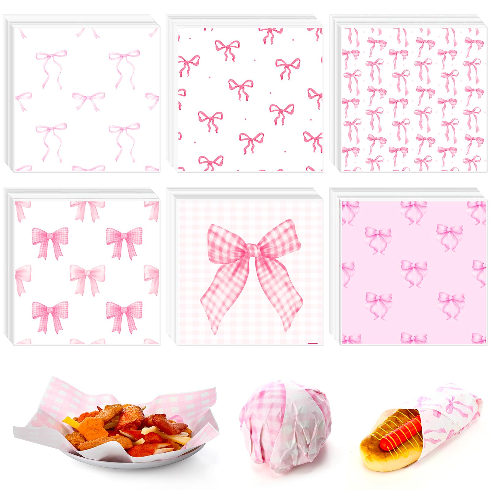 Reallnaive 600 Pcs Pink Bow Wax Paper Sheets 12 x 12 Inch Parchment Deli Tissue Paper Sandwich Wrapping Sheets Food Basket Liners for Kitchen