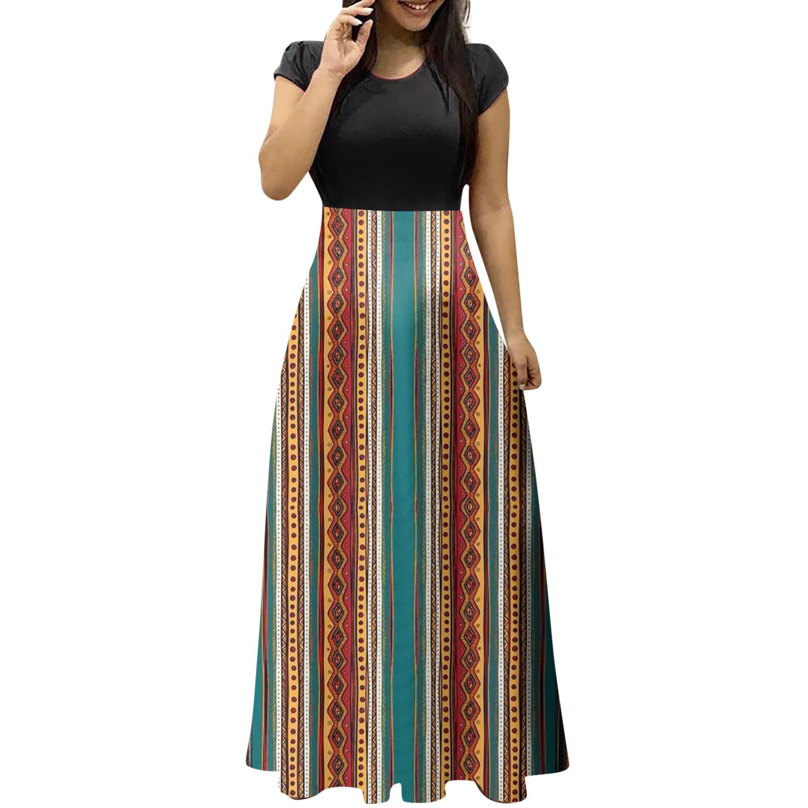 Women's Ethnic Print Ruched High Waist Ruffle Maxi Dresses Round Neck Short Sleeve Empire Waist Flowy Dresses 2023