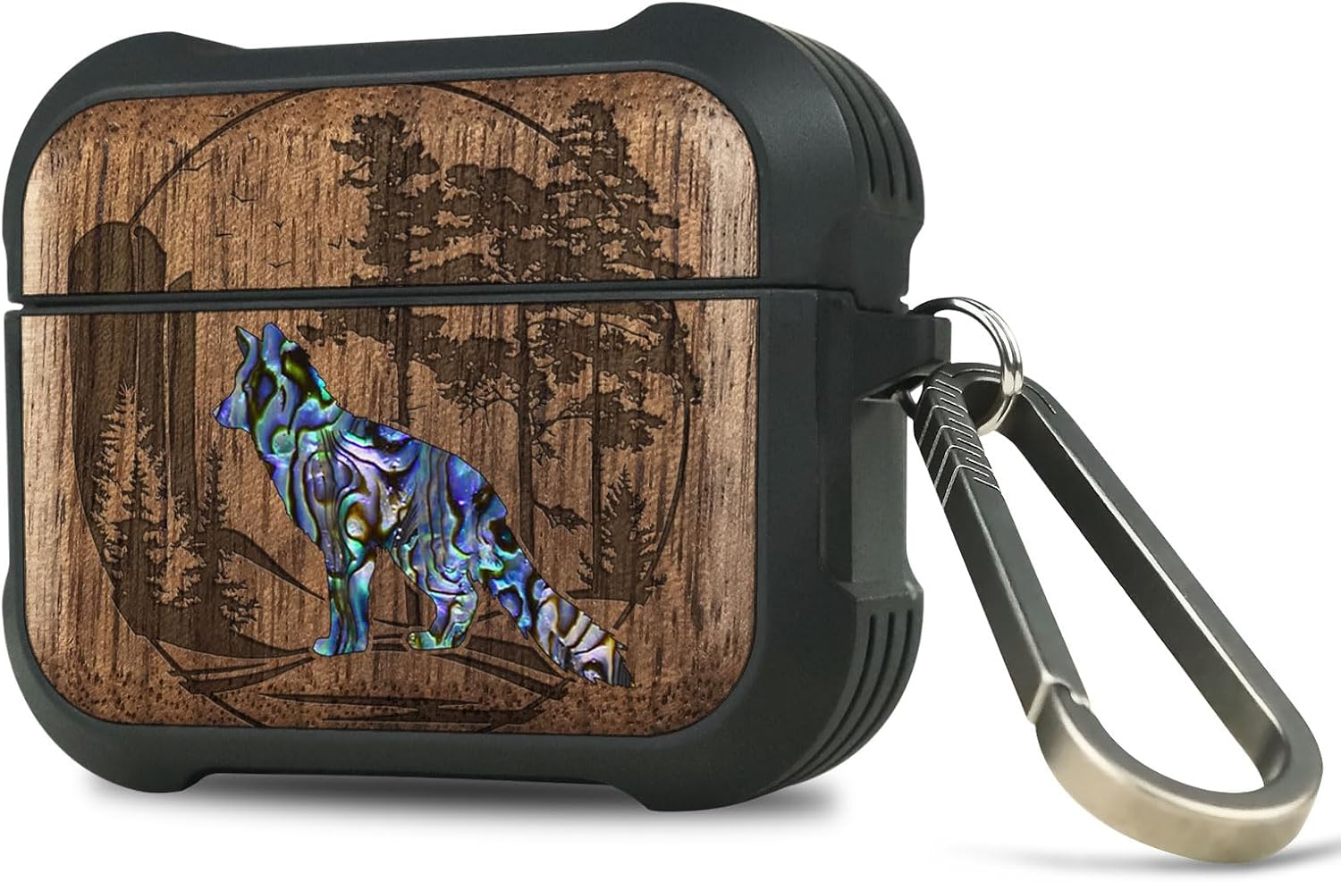 Carveit Wooden Case for AirPods Pro 2nd/1st Gen Case, Wood Artistic Engraved & Handmade Shell Inlay, TPU Shockproof Cover, Titanium Quick Released Clasp (Fox and Woods) Walnut