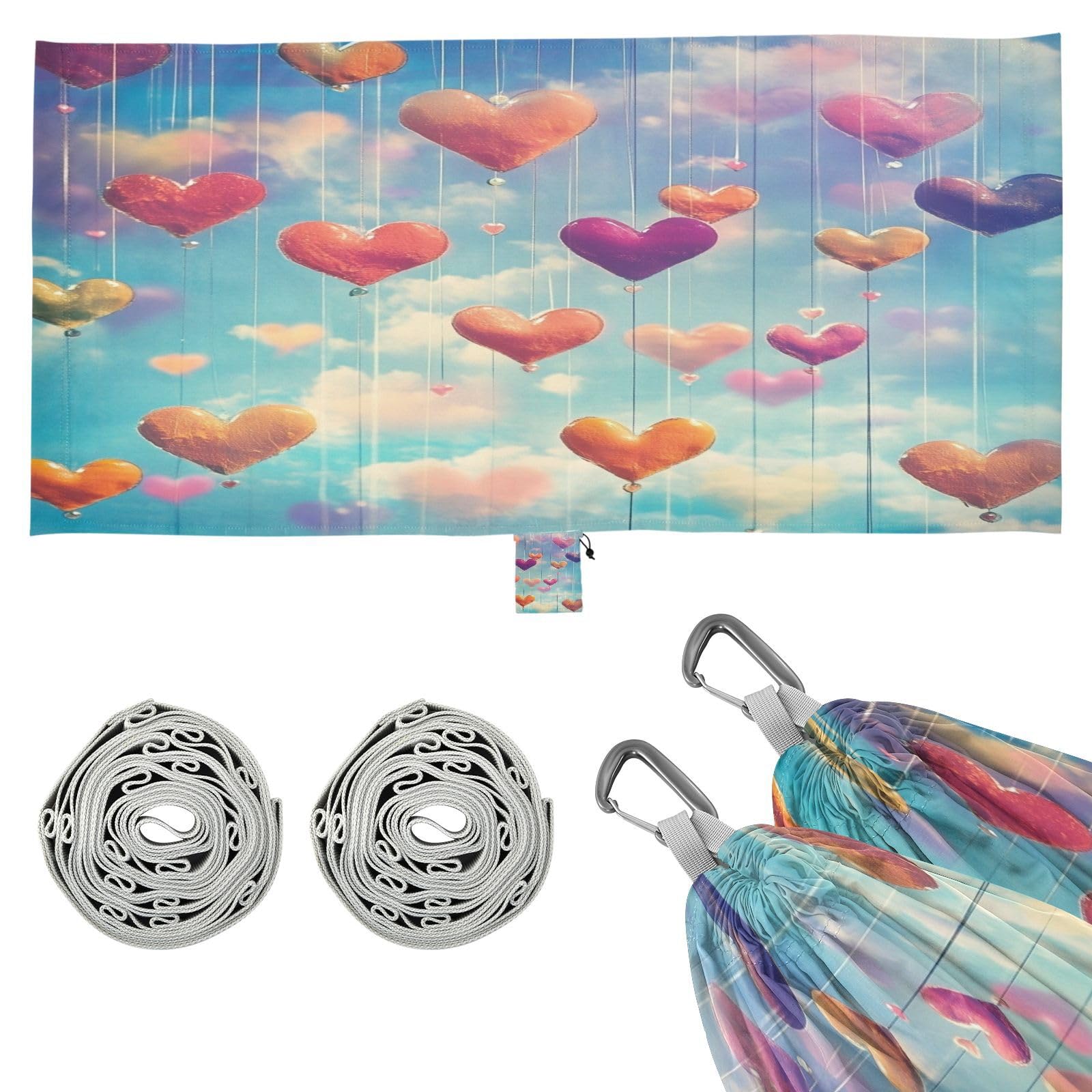 Haskirky Watercolor Heart Camping Hammock, Single Portable Hammocks with Tree Straps & Attached Carry Bag, 330Lbs Capacity Perfect for Outside Indoor Hiking Beach Backpack Travel