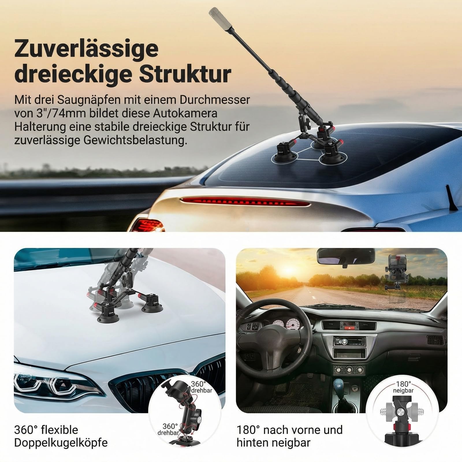 NEEWER Dreifach Saugnapf Autohalterung kompatibel mit Insta360 X5 X4 GoPro DJI OSMO 360 Kameras, Schnellverschluss Windschutzscheibe Magic Arm Halterung, 2 in 1 Verlängerungsstange/Selfie Stick, CA065
