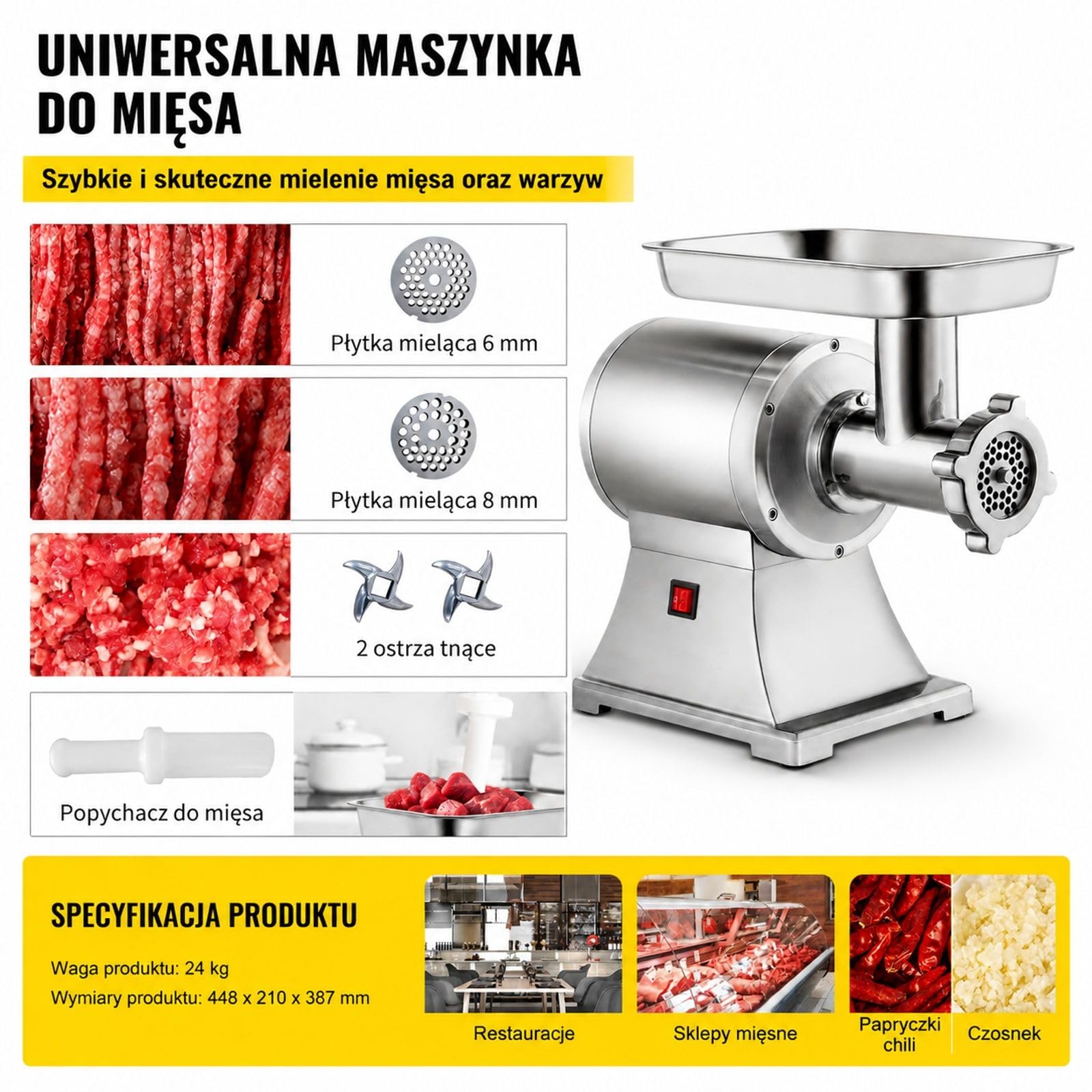 Elektryczna maszynka do mięsa 1100 W ze stali nierdzewnej z nadziewarką do kiełbas, wydajność 150 kg/h, 193 obr/min, dla restauracji i sklepów mięsnych