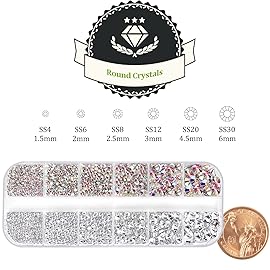 One Pack 2000 Pcs of Flatback Round AB Crystal+Transparent White Clear Rhinestones 6 Sizes (1.5-6 mm) with Nail Art Rhinestone Picker Pencil and Tweezers for DIY and Salon Use