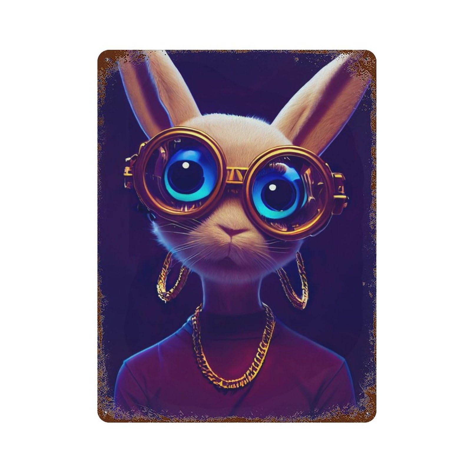 Rust Effect Bunny with Drip Rusty Metal Tin Sign 15.7"x11.8", Old School Wall Decor for Basement, Hobby Room And Garage Decor
