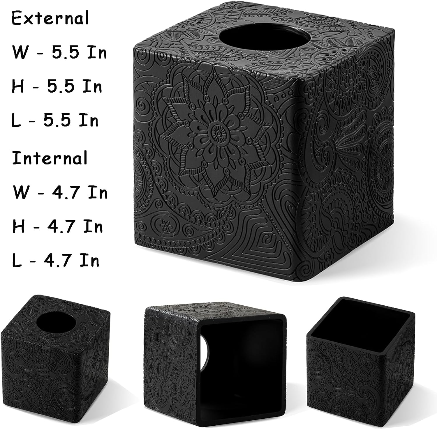 Square Tissue Box Cover Decorative,Napkin Dispenser,Facial Paper Holder for Bathroom Vanity Countertop,Bedroom Dresser,Night Stand, Desk, Office and End Table,Boho Flowers Black