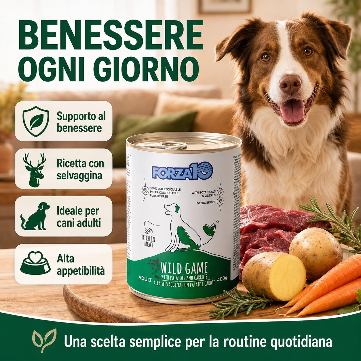 Selvaggina,Patate e Carote– Forza10 Cibo Umido per Cani Adulti di tutte le Taglie e Razze, Monoproteico, 12 Lattine x 400g, Alimento Completo Ricco in Carne.