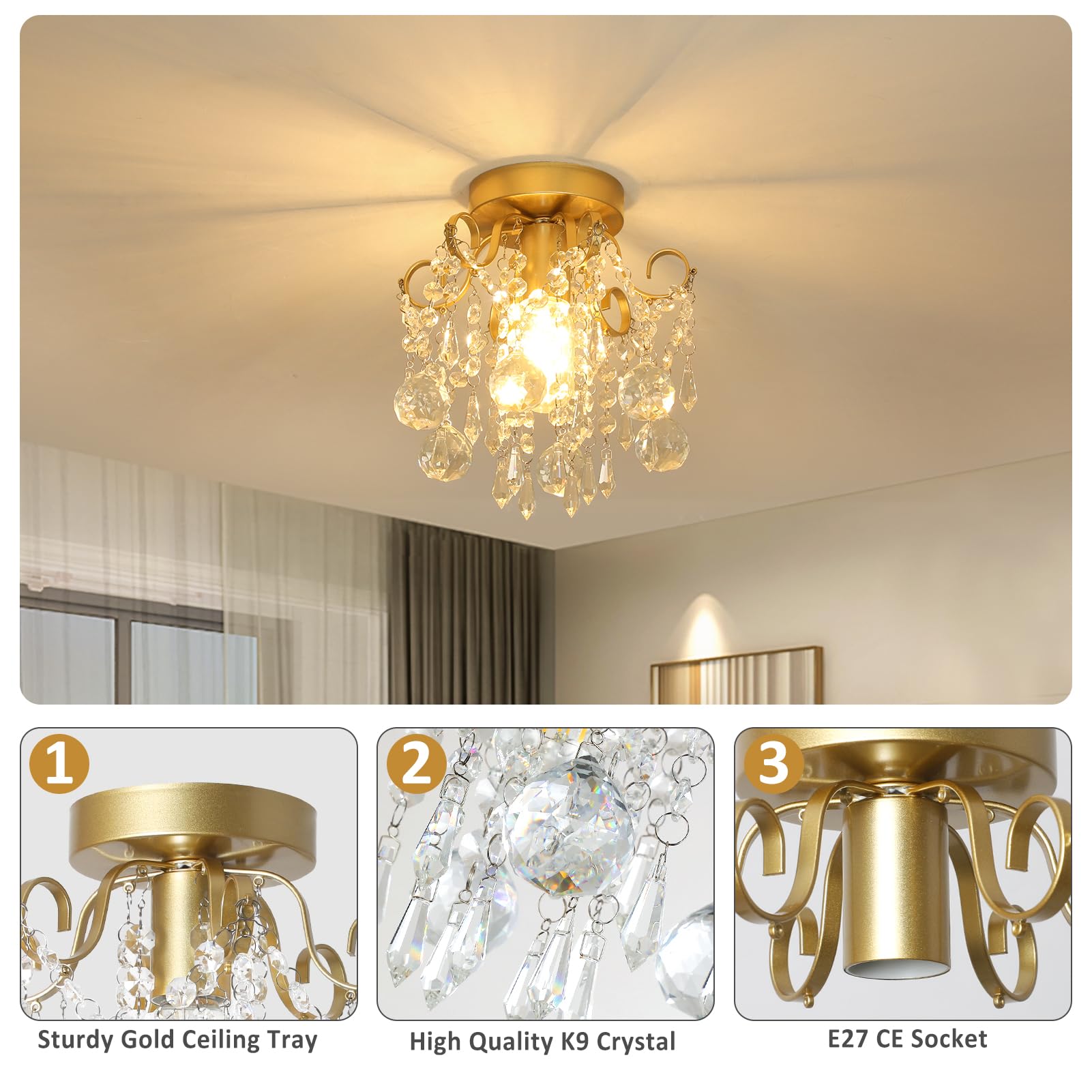 Rayofly Moderne Lustre Cristal, Plafonnier Cristal Salon, Plafonnier Or Salon, Plafonnier Verre Moderne Plafonnier Cristal pour Chambre, Cuisine, Hall, Chandelier Living Room
