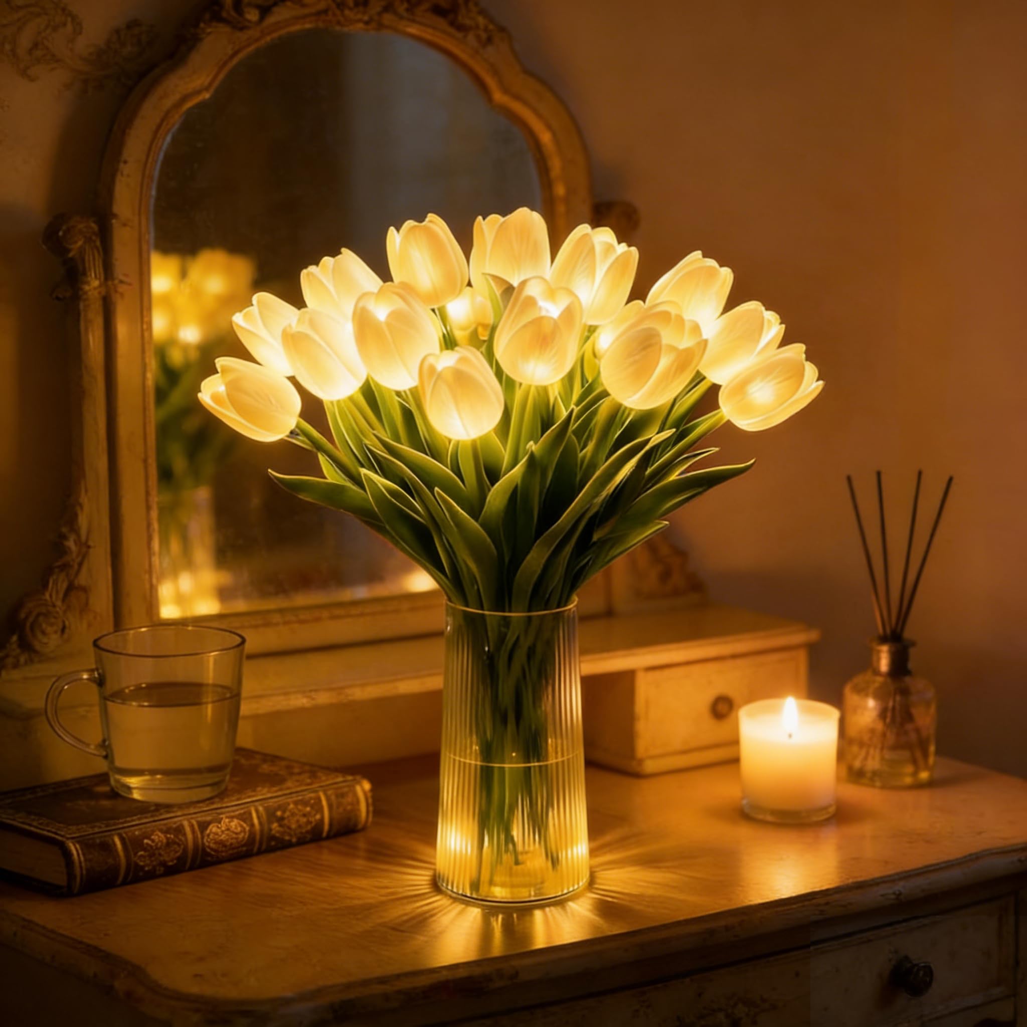CliffofLove Radiant Romantic Tulip Ligh, 15 PCS Twinkling Tree Tulips Led Night Light that Never Fade, Flower Shaped Ambient Night Lamp for Bedroom Bedside Decor & Gift (White)