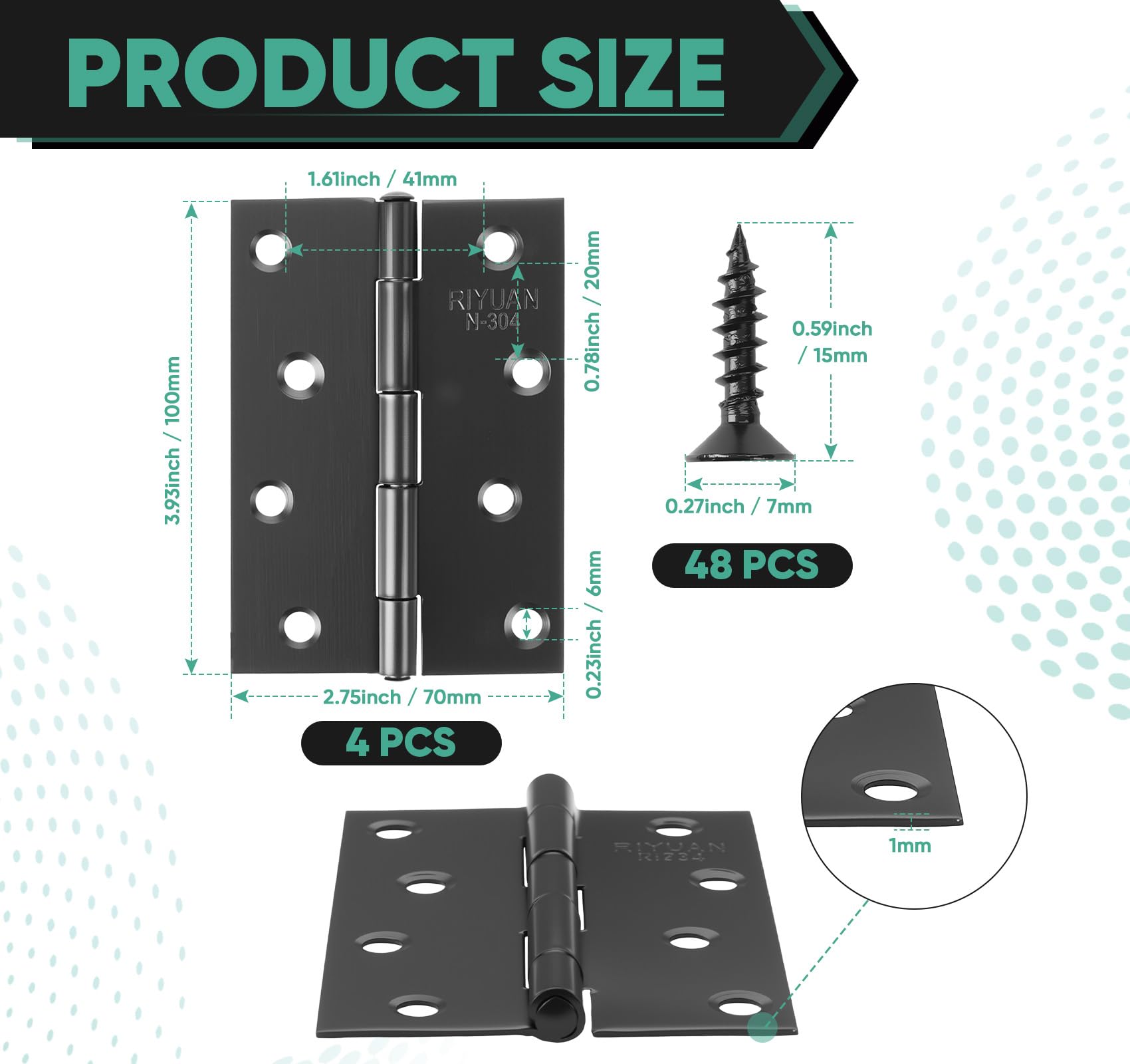 Anstore 4 sztuki zawiasy duże obciążenie 100 x 70 mm czarne zawiasy ze stali nierdzewnej | Zestaw 4 czarnych zawiasów drzwiowych 270° ze stali nierdzewnej 304. 8-otworowa konstrukcja do dużych obciążeń z 48 śrubami.