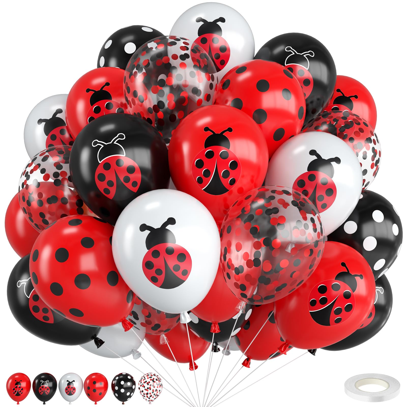 Marienkäfer-Luftballons, 30,5 cm, Marienkäfer-Druck, rot, schwarz, weiß und gepunktet, Ballon mit rotem schwarzem Konfetti, für Marienkäfer, Geburtstag, Babyparty, Motto-Party-Dekorationen