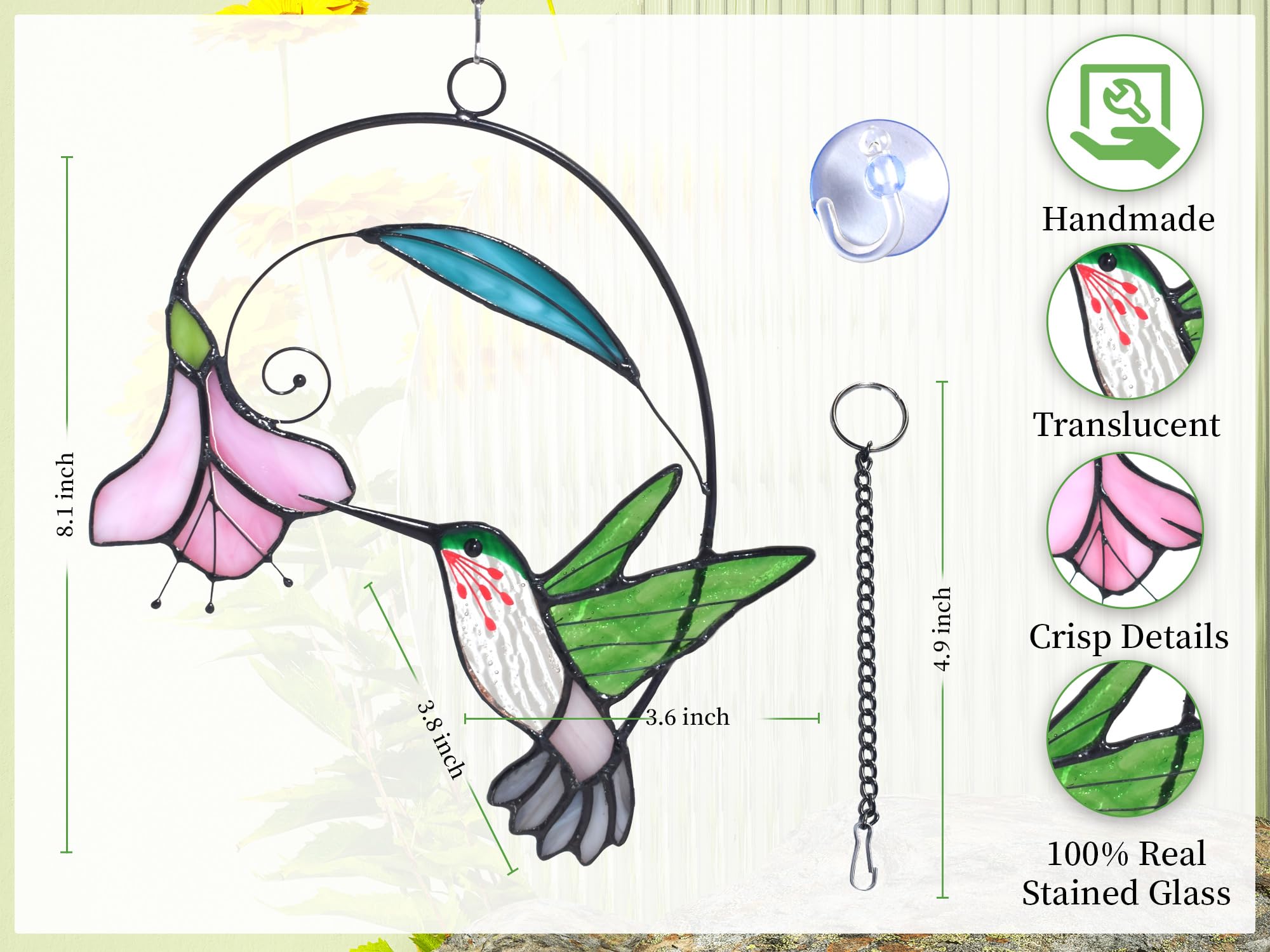 Lolitarcrafts Buntglas-Fensterbehang mit Blumen, Vogel-Sonnenfänger für Fensterdekoration, Kolibri-Geschenke für Mutter, Vogelliebhaber (Grün mit Blume A)