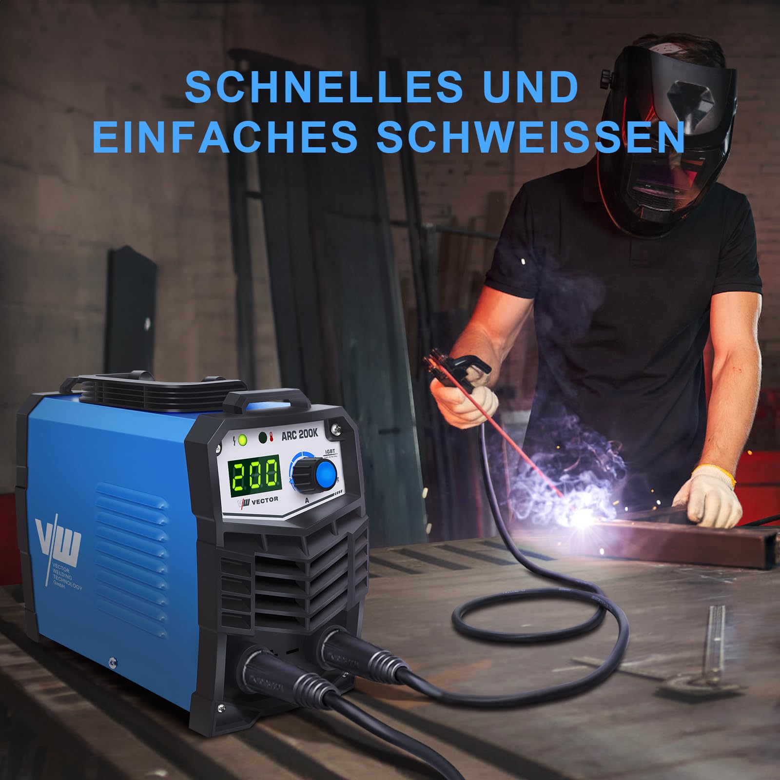VECTOR WELDING MMA Elektrodenschweißgerät 200A Set, 10 bis 200A ARC Schweißgerät mit Hotstart-Funktion, ARC FORCE, Kompakt & leicht, MMA/STICK/E-HAND, IGBT-Technologie für Werkstatt & Industrie