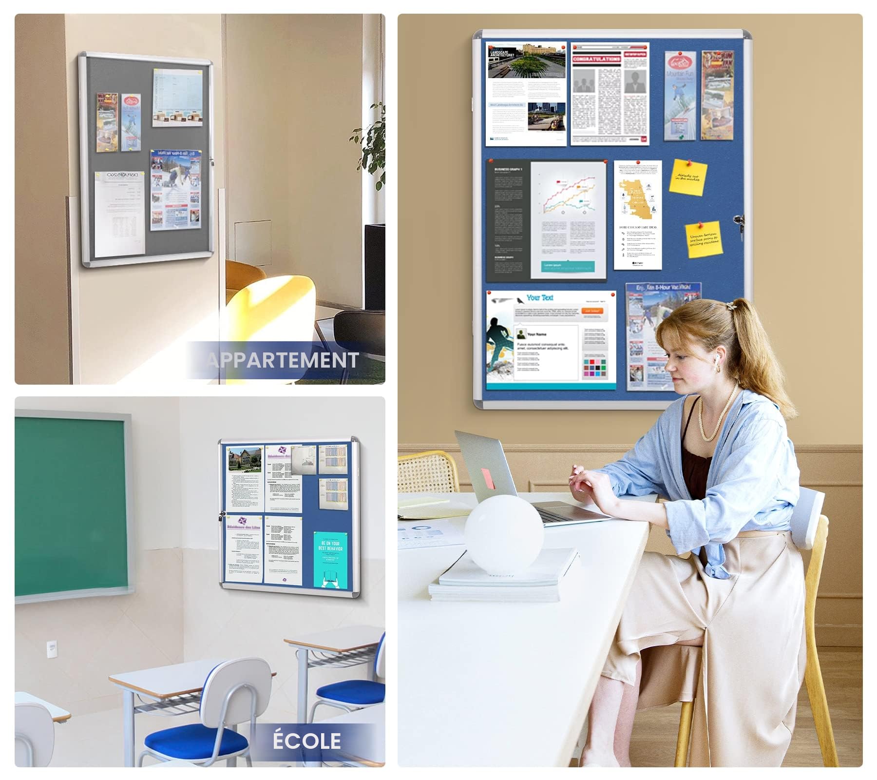 SWANCROWN Vitrine d'affichage Intérieur, 4 x A4, Tableau d'affichage mural | en tissu, Verrouillable, à 3 clés 16 punaises, cadre en aluminium, Panneau d'affichage pour bureaux immeuble magasin, 67x50cm
