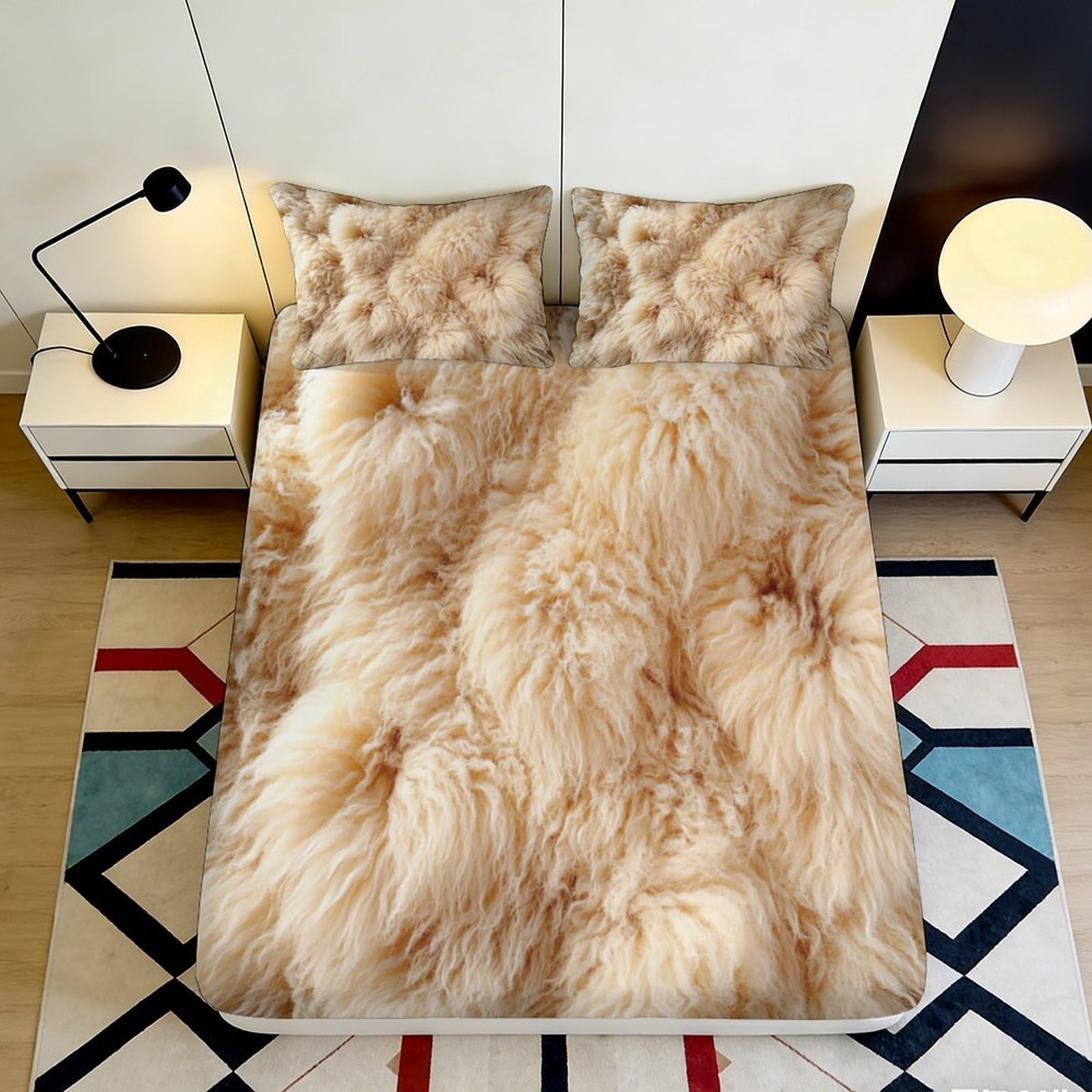 3D Printed Faux Fur Pattern Fitted Sheet Microfiber Soft Fluffy Texture Mattress Cover Bedroom Decor Machine Washable 90x200x25cm