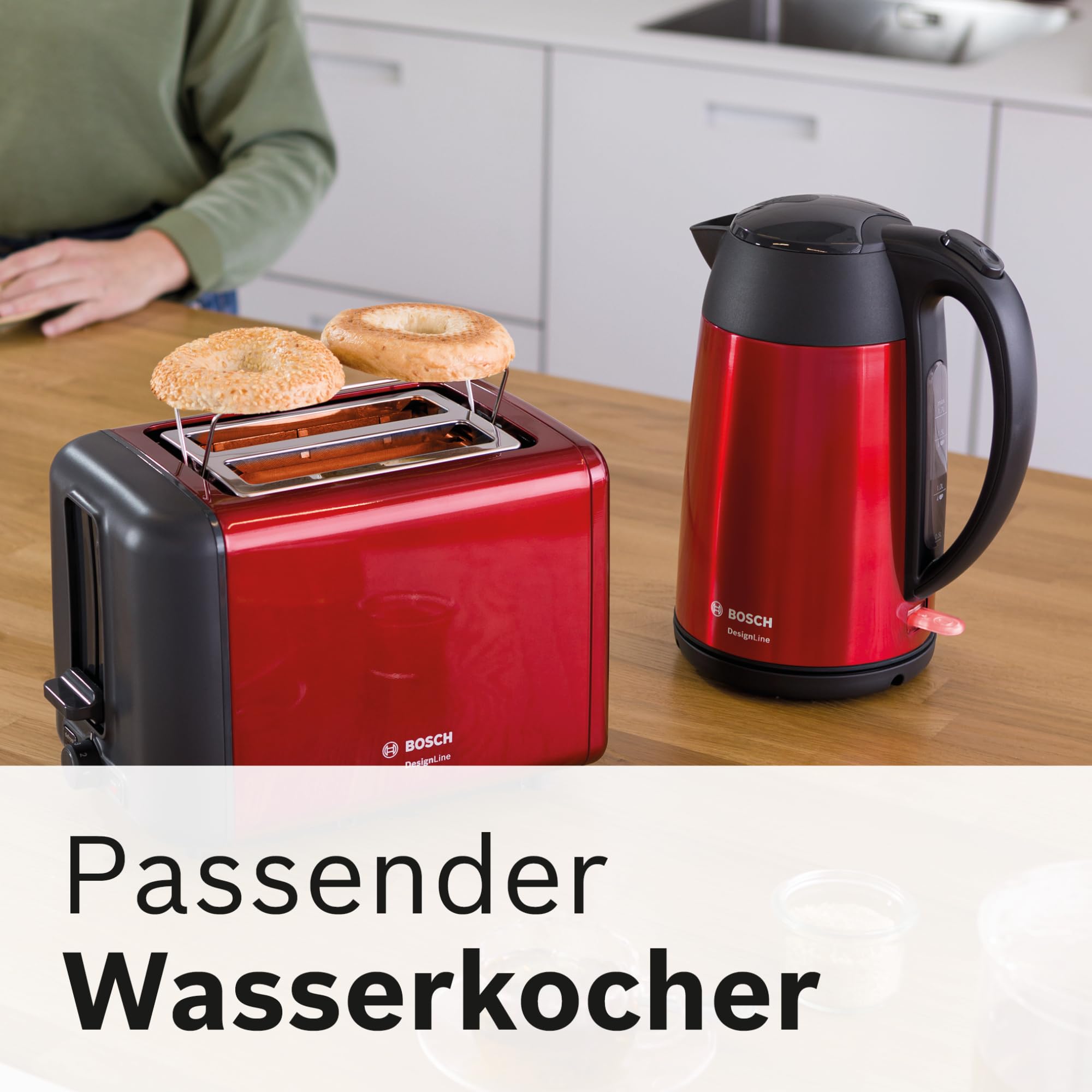 Bosch Toaster TAT3P424DE DesignLine, 2-Scheiben Toaster mit integriertem Brötchenaufsatz, Auftaufunktion & Aufwärmfunktion, Automatische Brotzentrierung, High-Lift, 970W, Rot