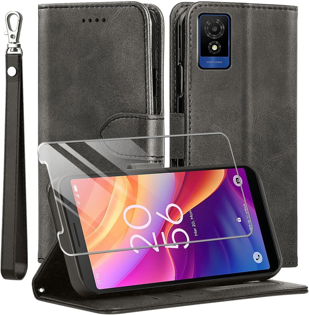 Case for TCL 501 4G with Screen Protector, Flip Magnetic PU Leather Case, TPU Book Flip Case, Card Slot Stand Cover, Magnetic Closure, Black.