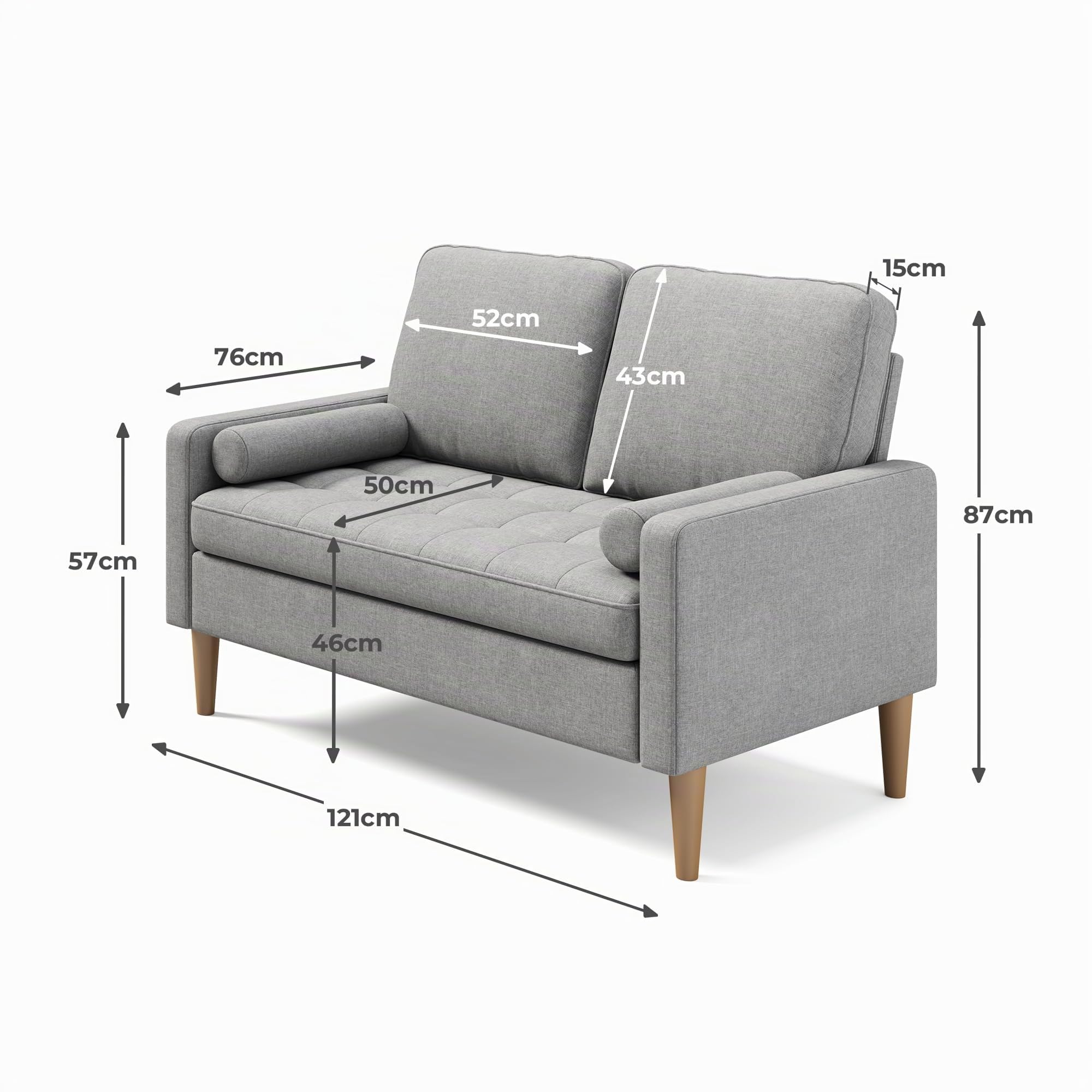 Sofá Pequeño de 2 Plazas con Reposabrazos, Mini Sofá de Tela con 2 Cojines para Salón, Apartamento, Oficina, Apartamento, Fácil Montaje, 121 x 76 x 87 cm (Gris)
