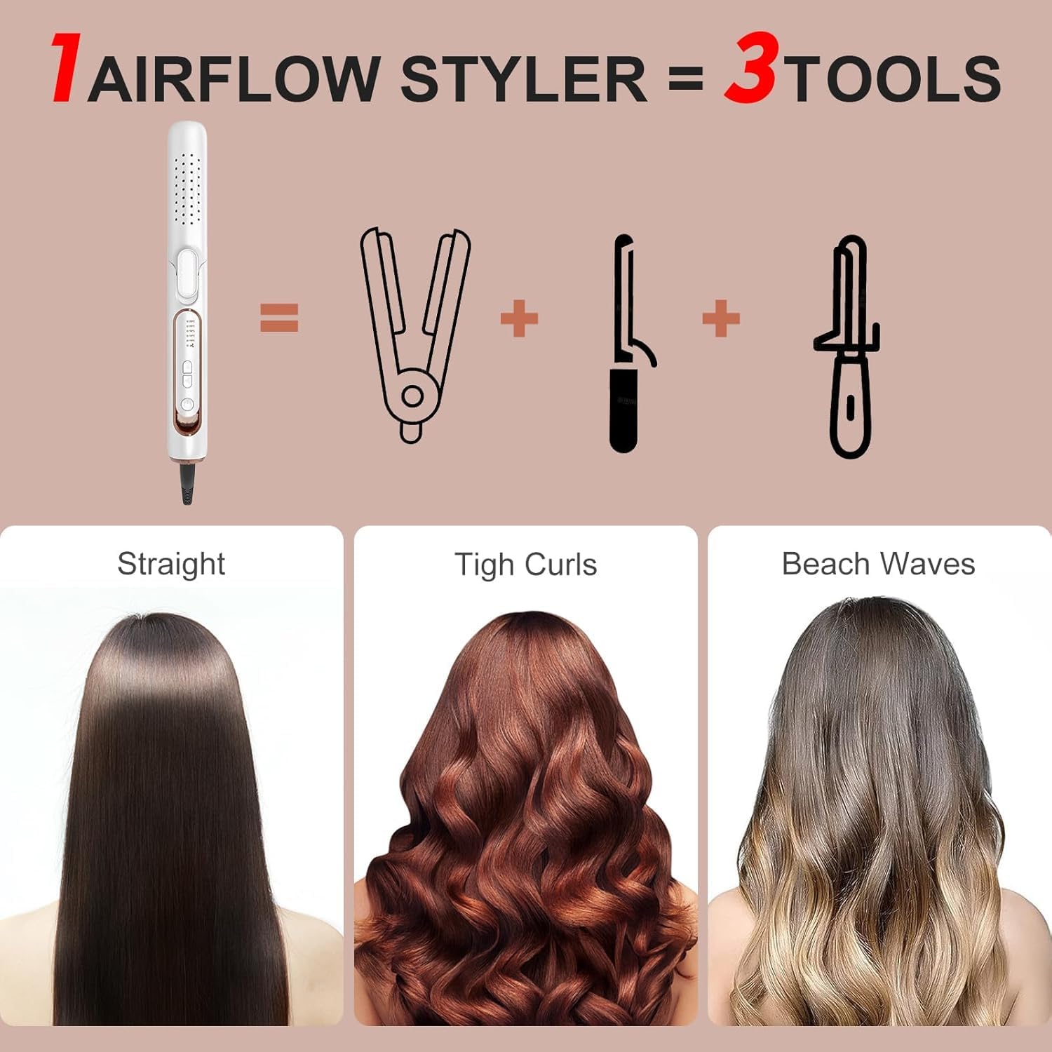 360° Airflow Styler 2-in-1 Professional Hair Straightener & Curler, Curling Wand & Flat Iron with Cooling Air Vents to Lock in Style, Dual Voltage, Adjustable Temp, Portable for Travel