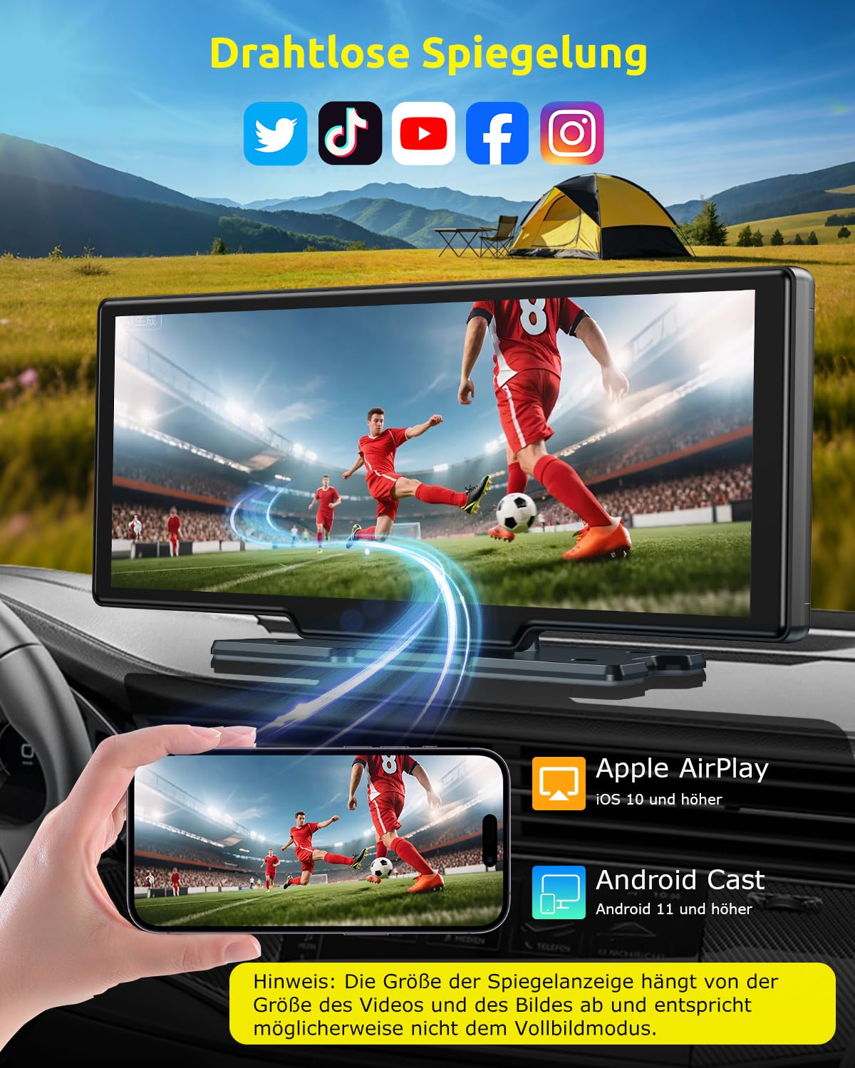 ESSGOO 10.26 Zoll Kabelloses CarPlay Display mit 4K Dashcam,1080P Rückfahrkamera & 4 Reifendruckkontrollgeräte Drahtlos CarPlay & Android Auto,Bluetooth 5.3,Mirror Link,GPS,FM,Sprachsteuerung,64GB TF