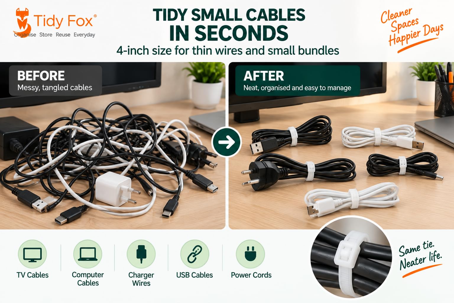 Tidy Fox Nylon Cable Ties, Self Locking Zip Ties, 4 inch (100 mm) x 2.5 mm, Pack of 100, White, for Cable Management and Home and Office Wire Organising, Made in India — Amazon image 4
