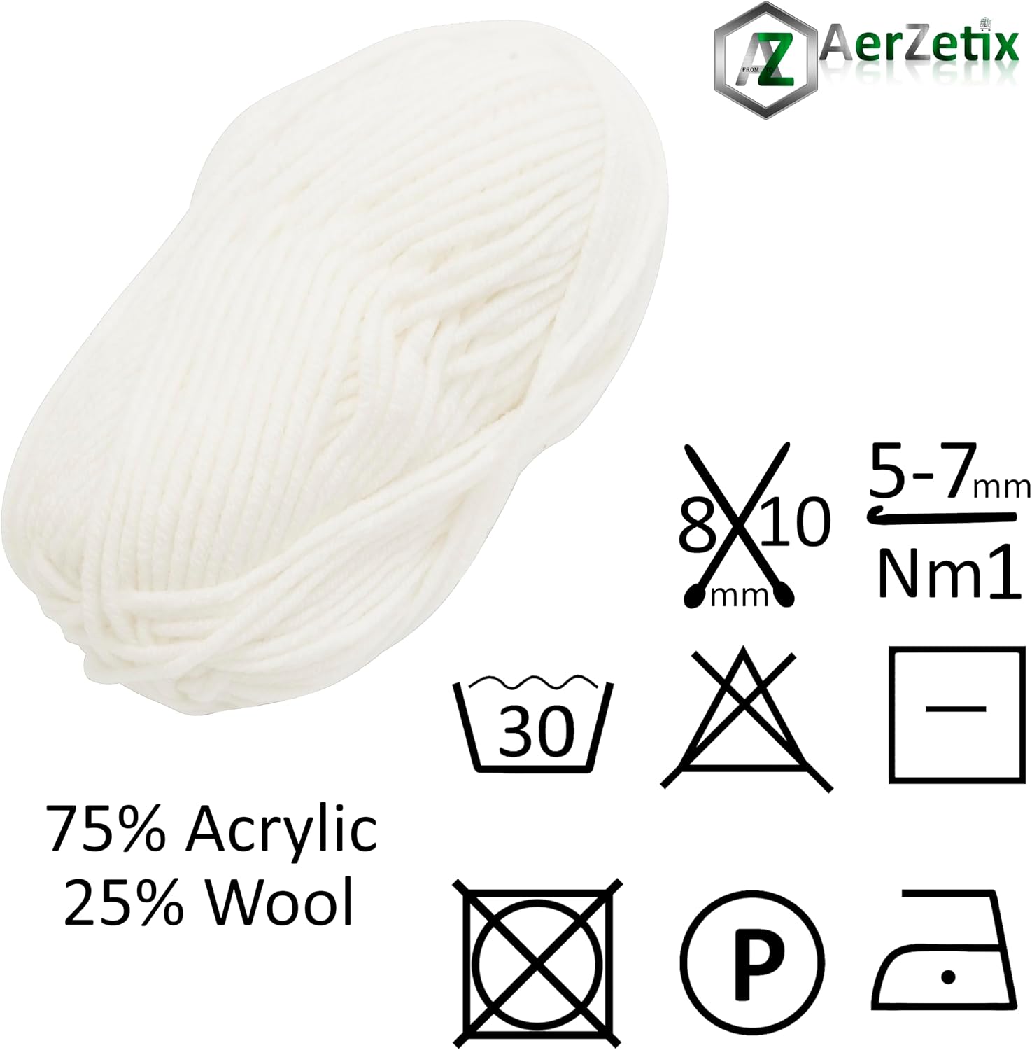 AERZETIX - C74394 - 100g ball of knitting yarn - white - 75% acrylic 25% wool - crochet needles making haberdashery clothes chenille