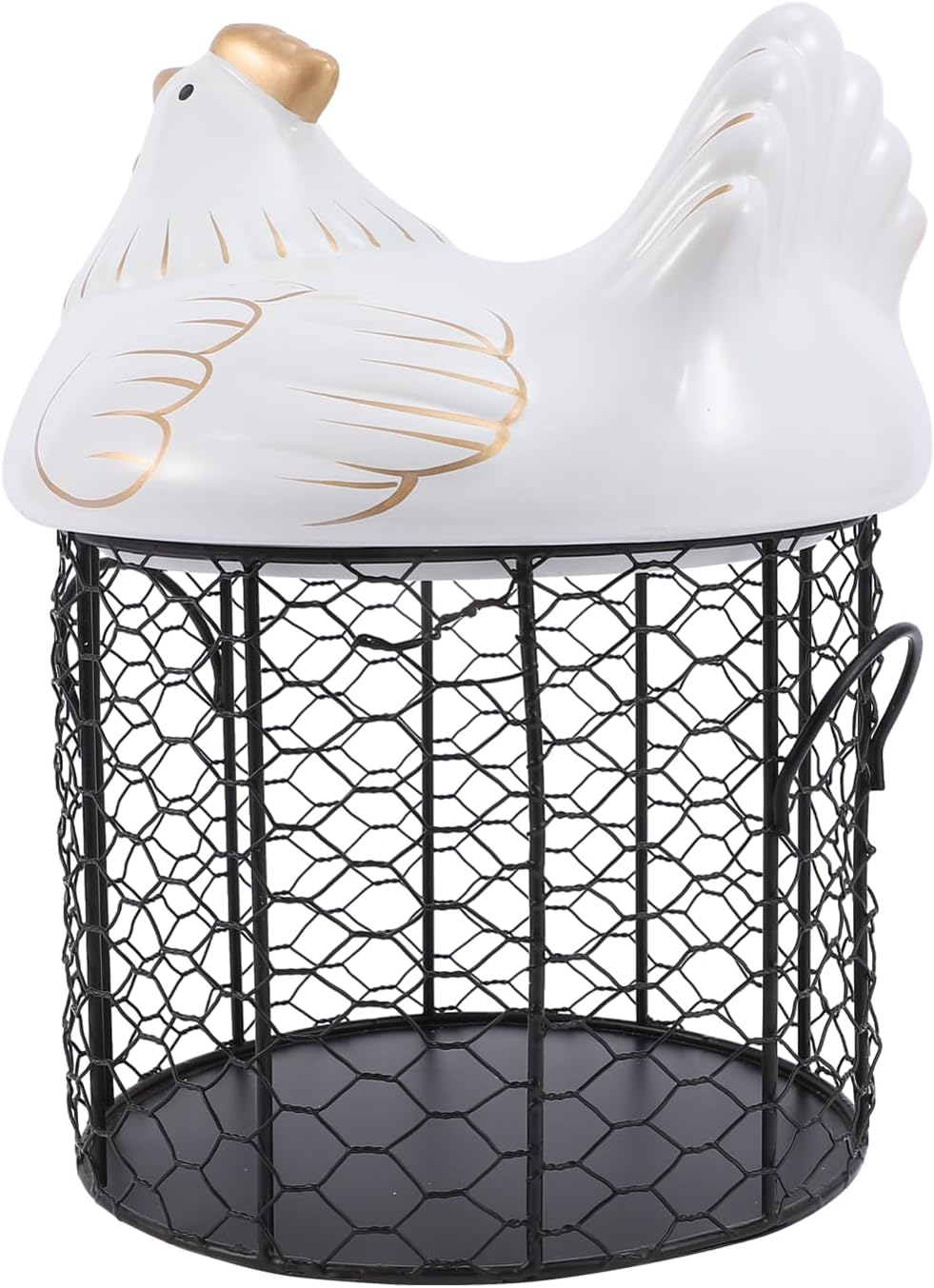 DOITOOL Ceramic Covered Storage Basket with Lid, White and Black Wire Egg Basket for Kitchen Fruit and Home Organization, Creative Farmhouse Style Kitchen Accessory Container