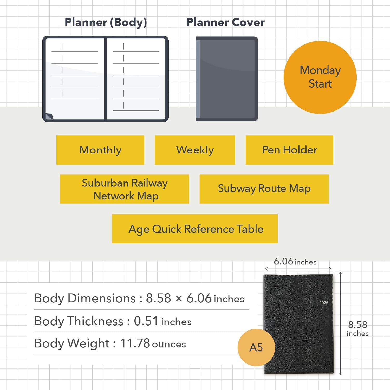 NOLTY Access A5-1 Weekly Planner 2026, January Start, Japanese Edition, Black, 2026-6463