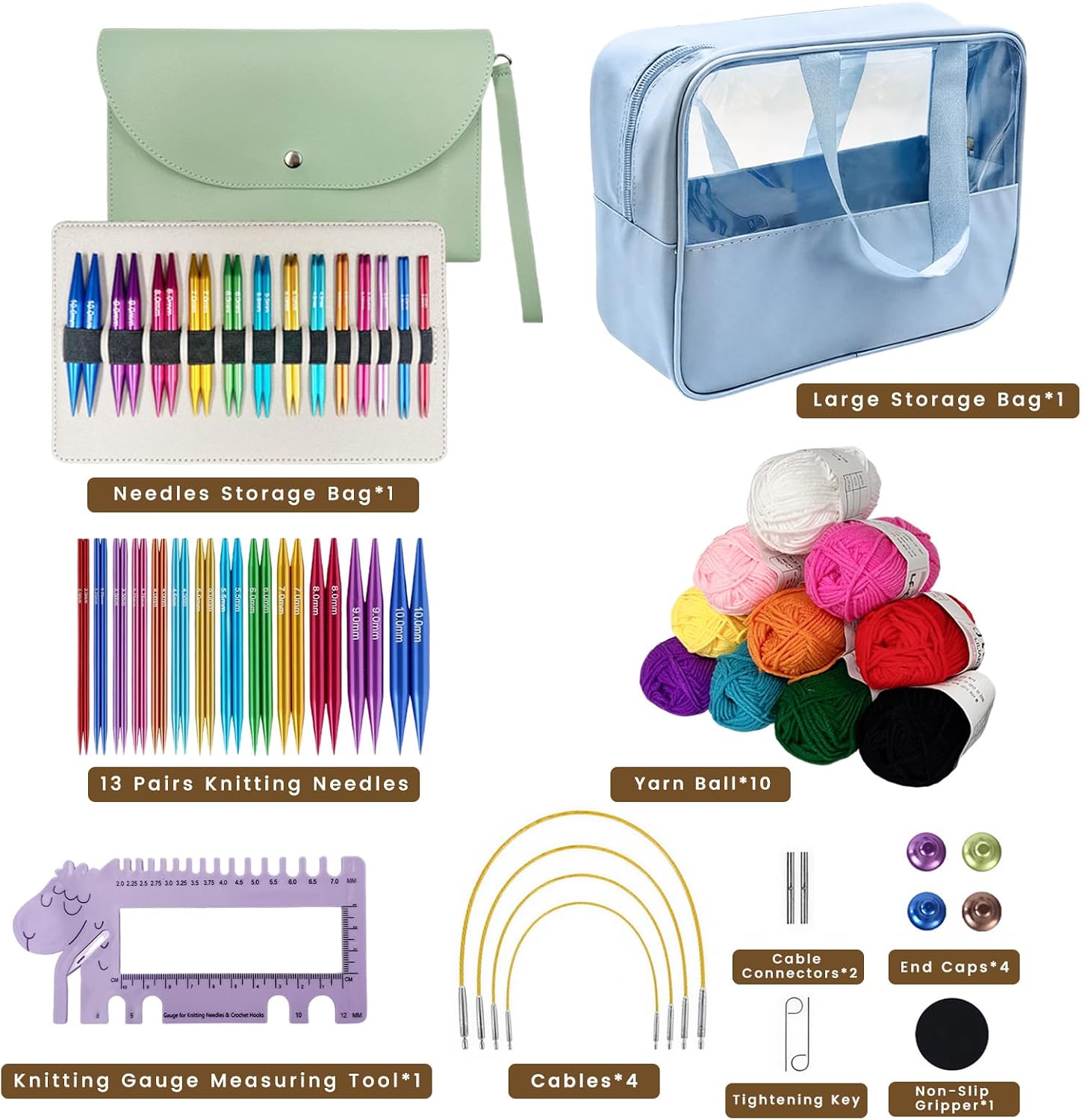 SNAIL GARDEN Interchangeable Circular Knitting Needles Set with Case, 13 Pairs Colorful Aluminum Needles(3-10mm) with 4 Cables, 10 Yarn Skeins, Multi-Function Gauge Tool for DIY Knitting Accessories