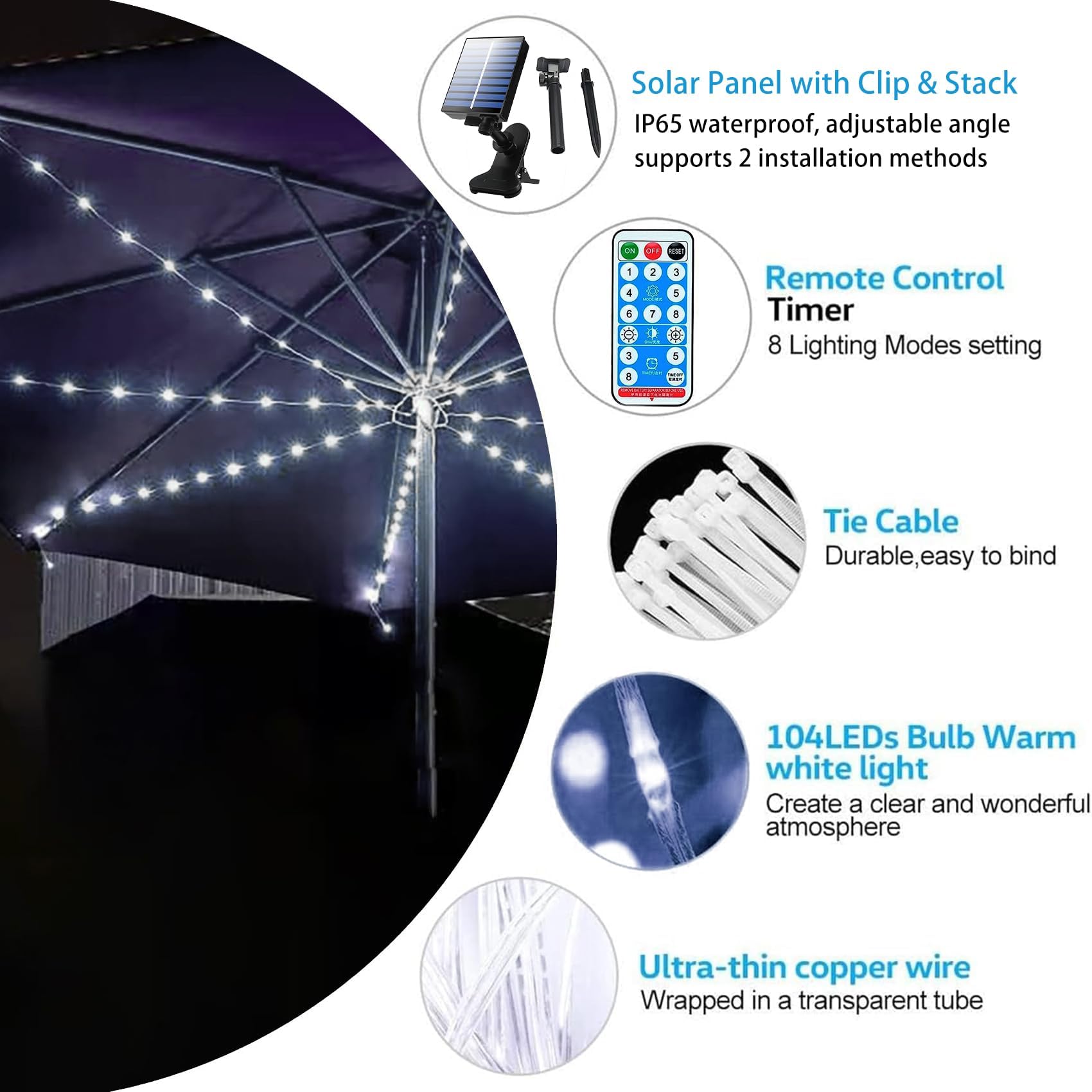 Solar-Sonnenschirmleuchten mit Fernbedienung, wasserdichte 104 LED-Solar-Lichterkette, 8 dimmbare Modi für Garten, Terrasse, Hof und Pool (Weiß)