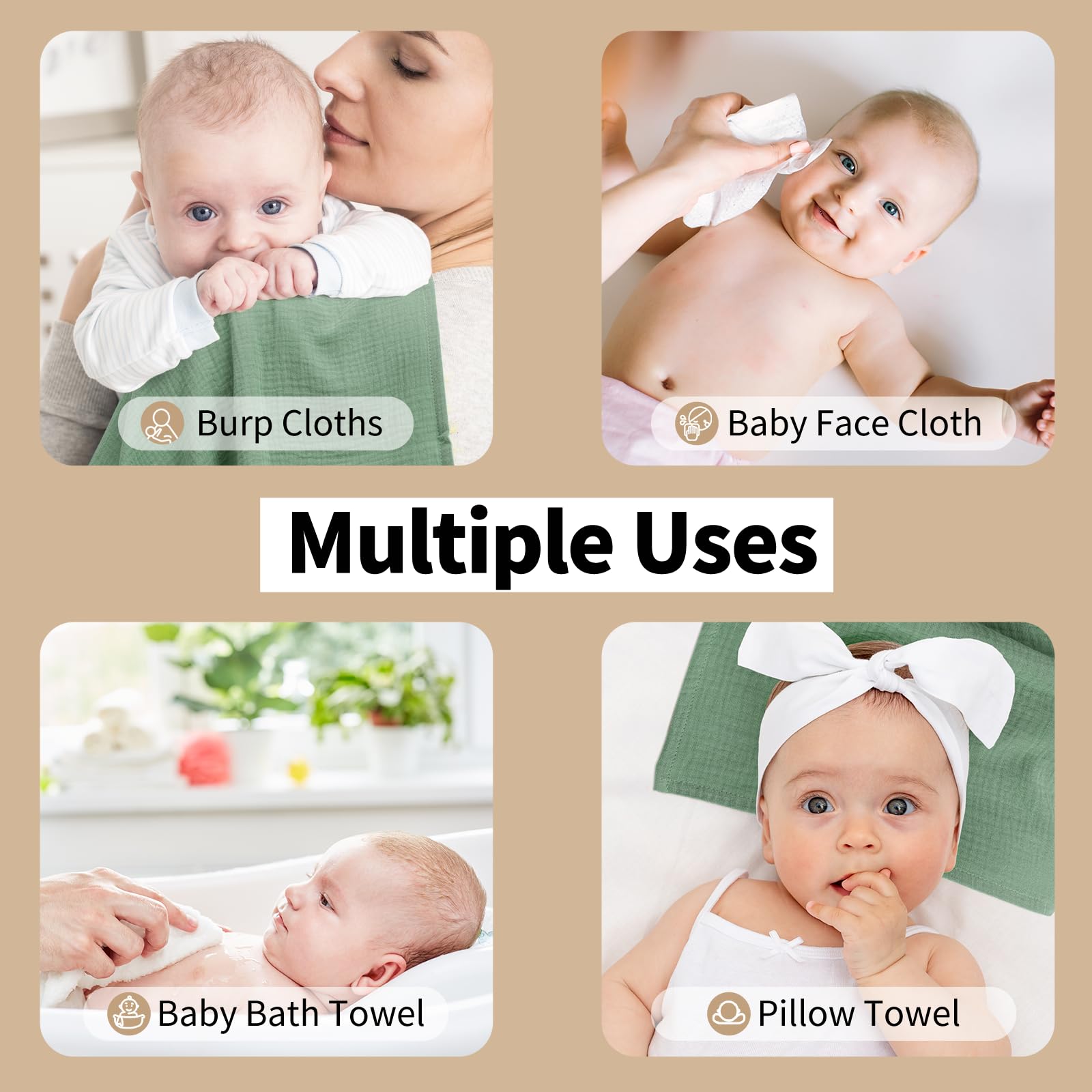 Set 4 Mussole Neonato Peepeemax 60x60 Cm - 100% Cotone, Super Assorbenti E Morbidi, Colore Marrone - Foto 11