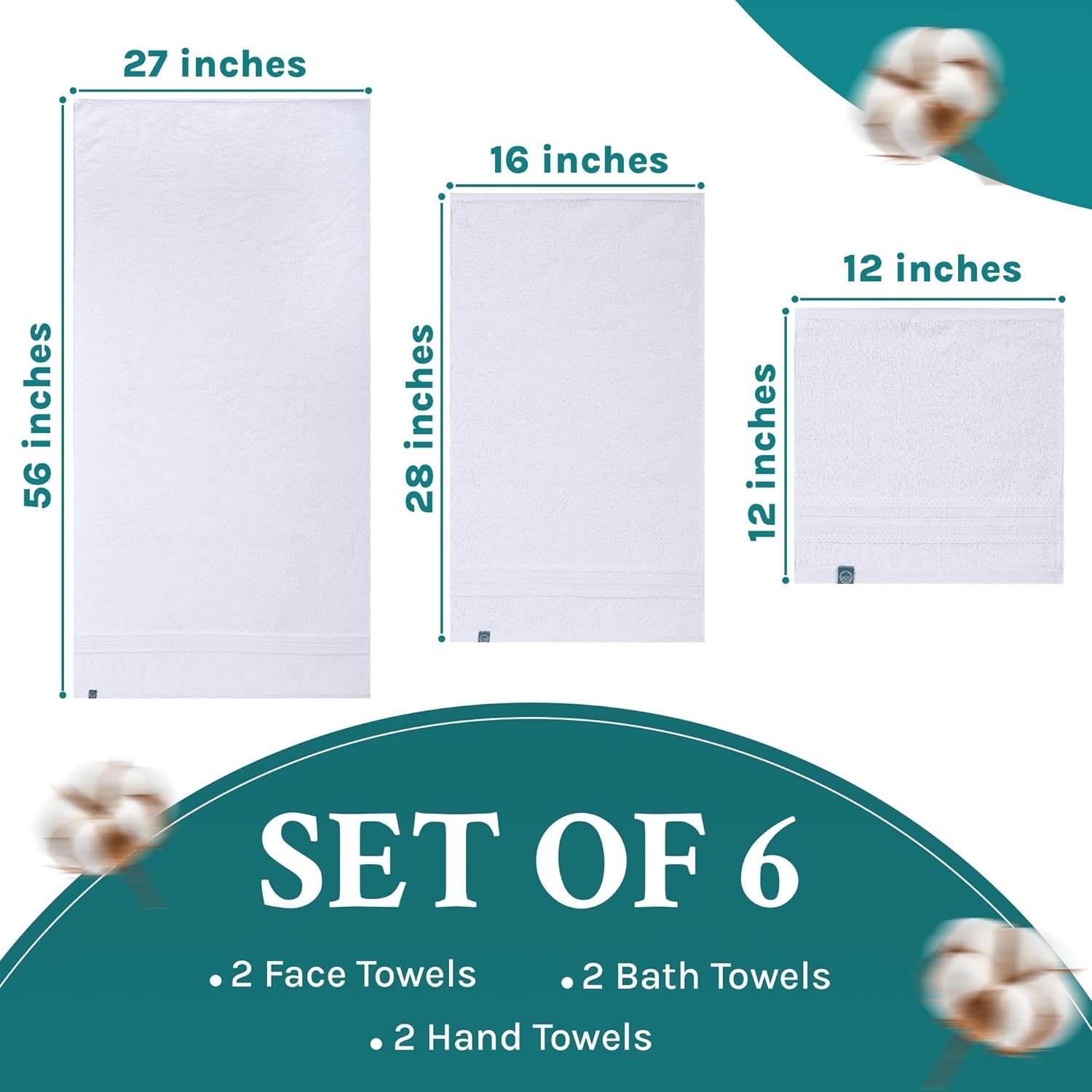 Arconiz Luxury 6 Piece Towel Set | 2 Bath Towels, 2 Hand Towels, 2 Washcloths | Super Soft, Premium, Quick Dry & Highly Absorbent 600 GSM Turkish Cotton Towel - White