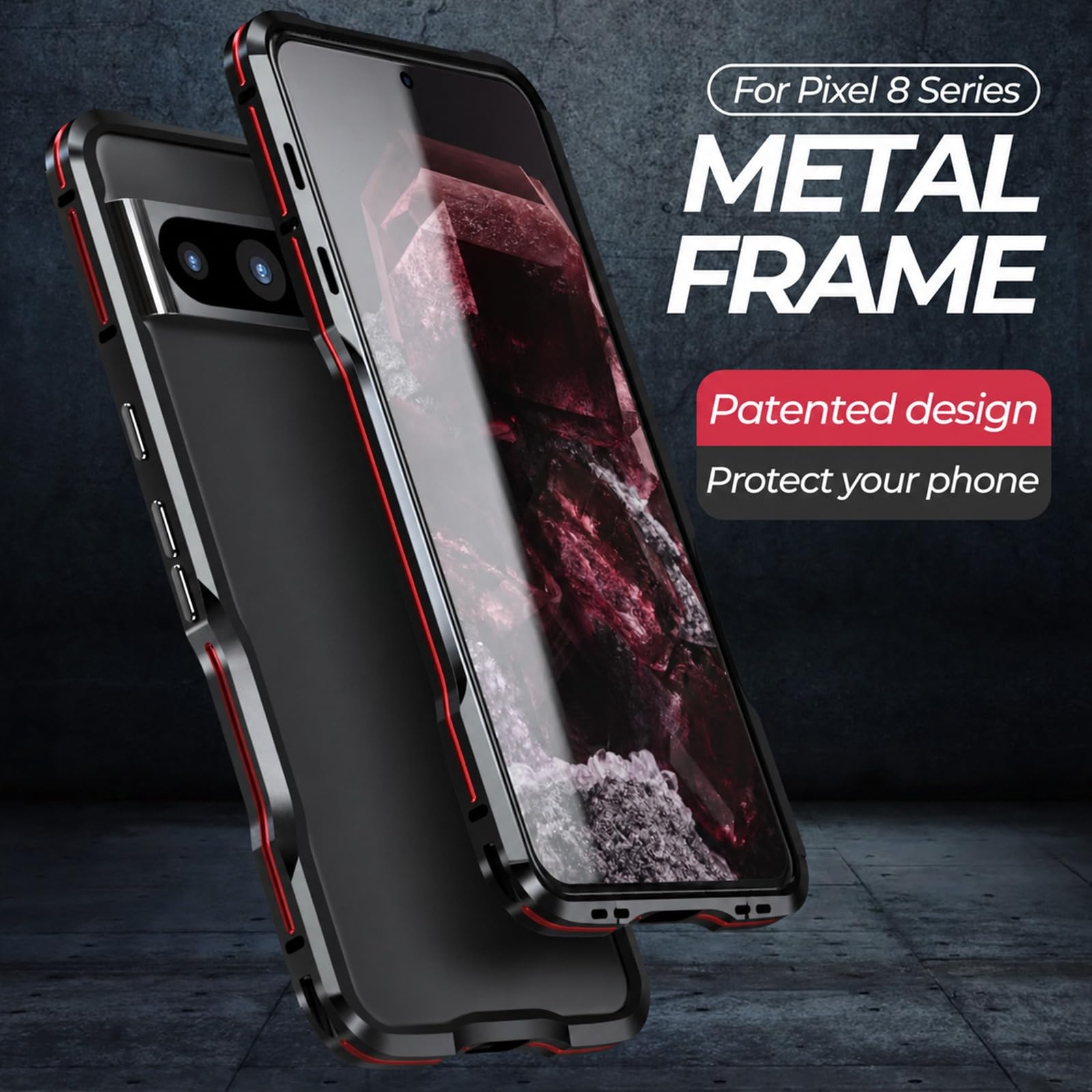 Coque Bumper Métallique pour Google Pixel 8, Cadre en Alliage d’Aluminium avec TPU Souple, Dos Ouvert pour Dissipation Thermique, Protection Fine des Bords avec Boutons Métal, Red
