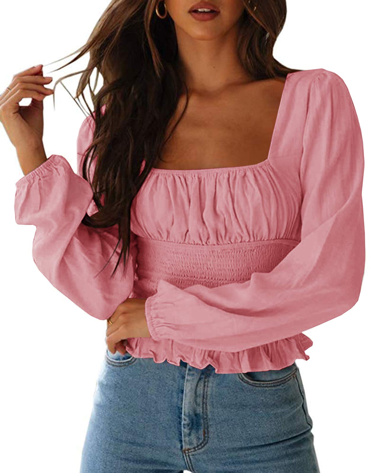 CNJFJWomen's Sexy Frill Smock Crop Top Retro Square Neck Long Sleeve Shirred Blouse Tops…