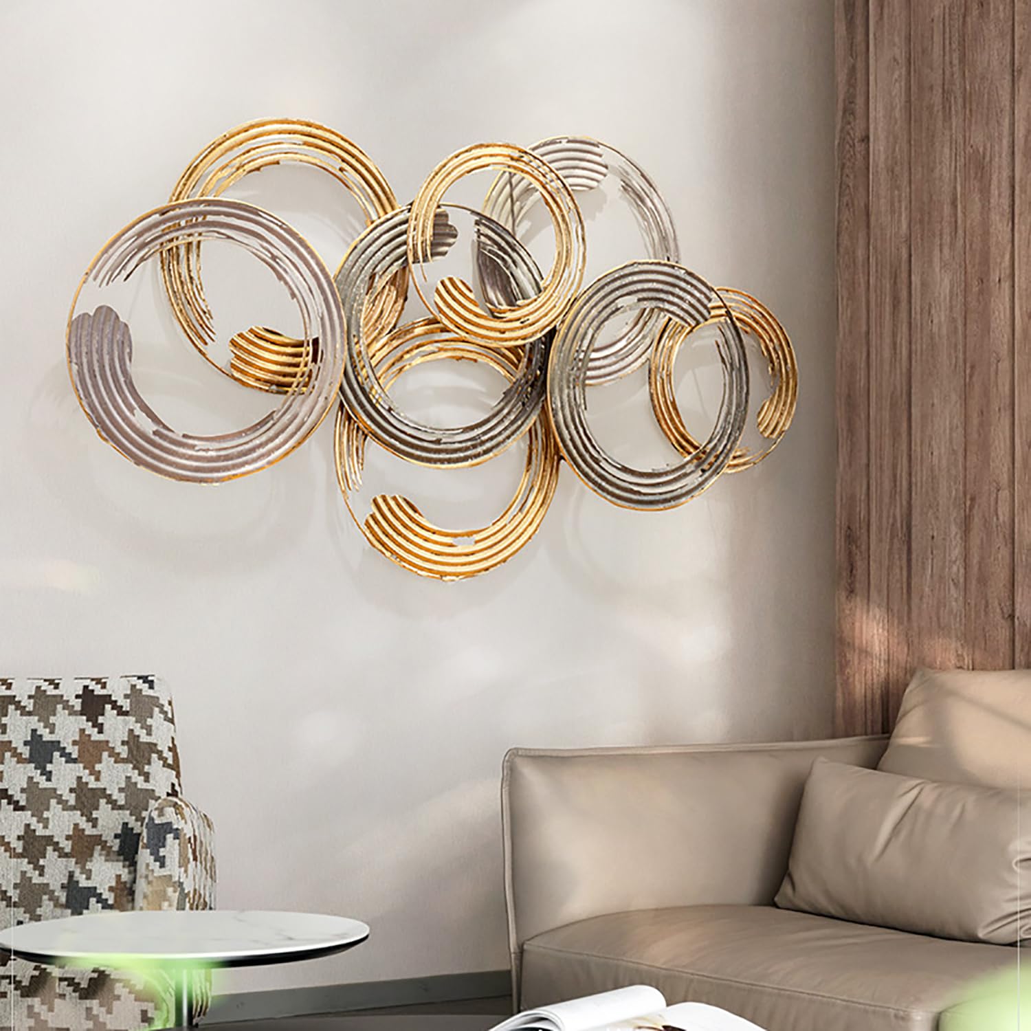 Decoración de Pared de Círculo de Metal,Esculturas de Pared Colgantes de Geometría Grande,Decoración de Pared de Arte Dorado Moderno para Familia,Sala de Estar,Comedor,Pasillo,Bar,Oficina