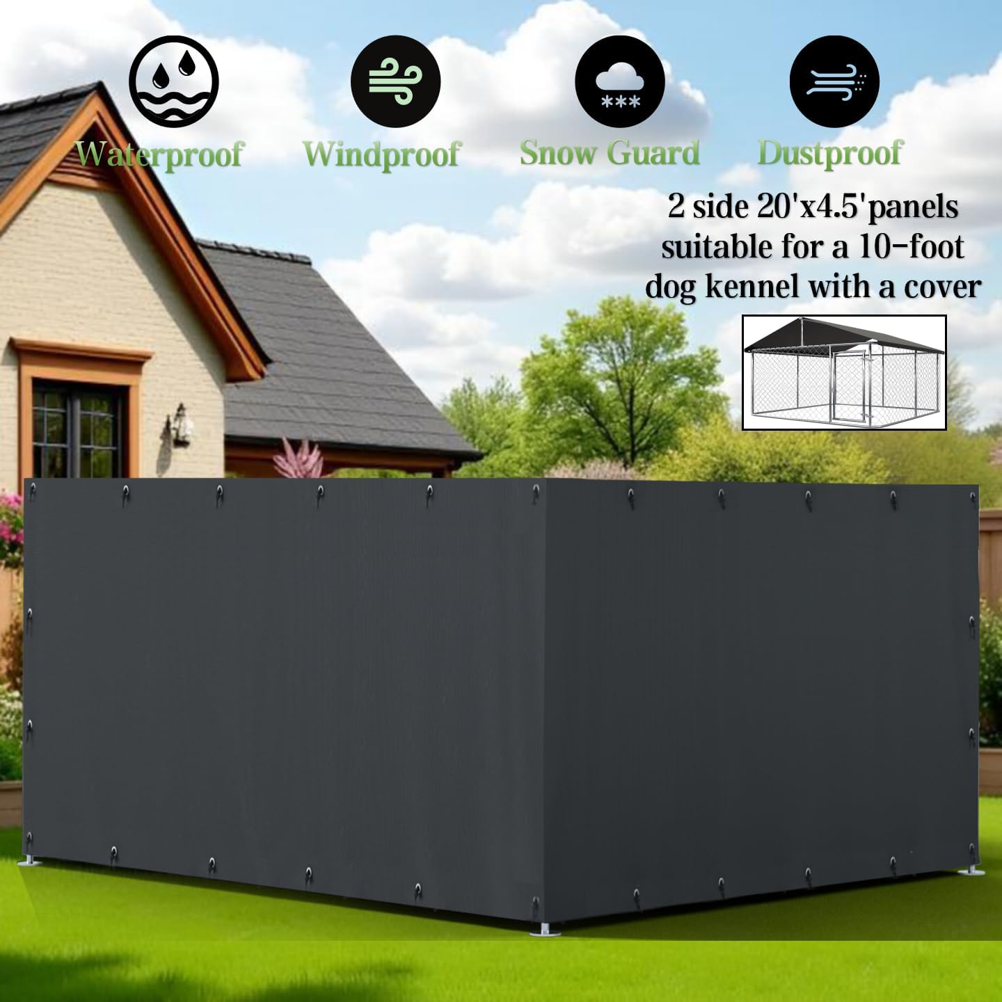 Dog Kennel Cover with 2 Side Panels Featuring Metal Grommets, Equipped with 44 Spherical Bungee Cords. 100% UV Protection Suitable for 10'x10'Outdoor Dog Kennels and Large Chicken Coops.