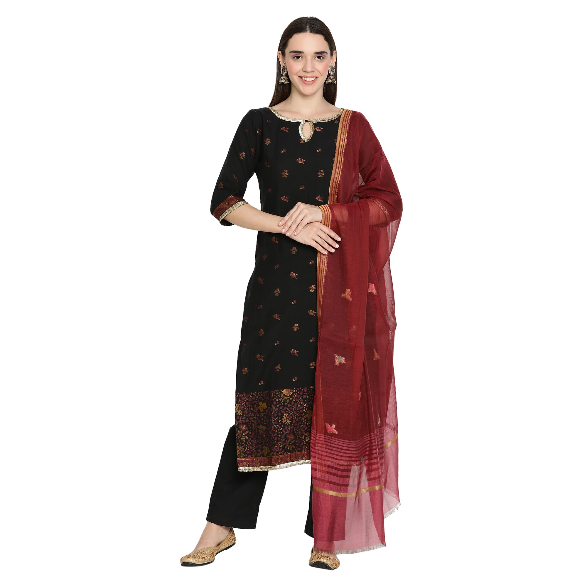 Black Floral Woven Design Keyhole Neck Stitched Suit Set-image-12