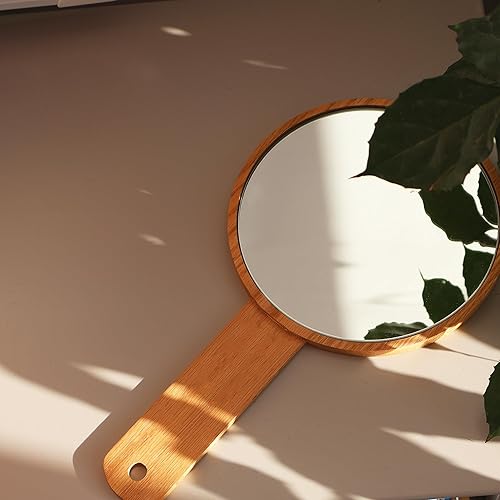 Miniatura 4 de Teepro - Espejo de mano con asa, espejo HD de mano, marco de madera, espejo liso para peluquería de peluquería, estilo retro, espejo de mano de