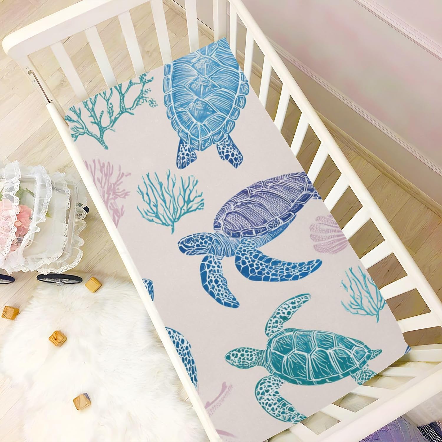 Line Turtles Starfish and Coral Crib Sheets Standard Crib Toddler Mattresses Cover Fitted Baby Bed Sheet Breathable Crib Mattress Sheet for Girls Boys 52" x 28"x5''
