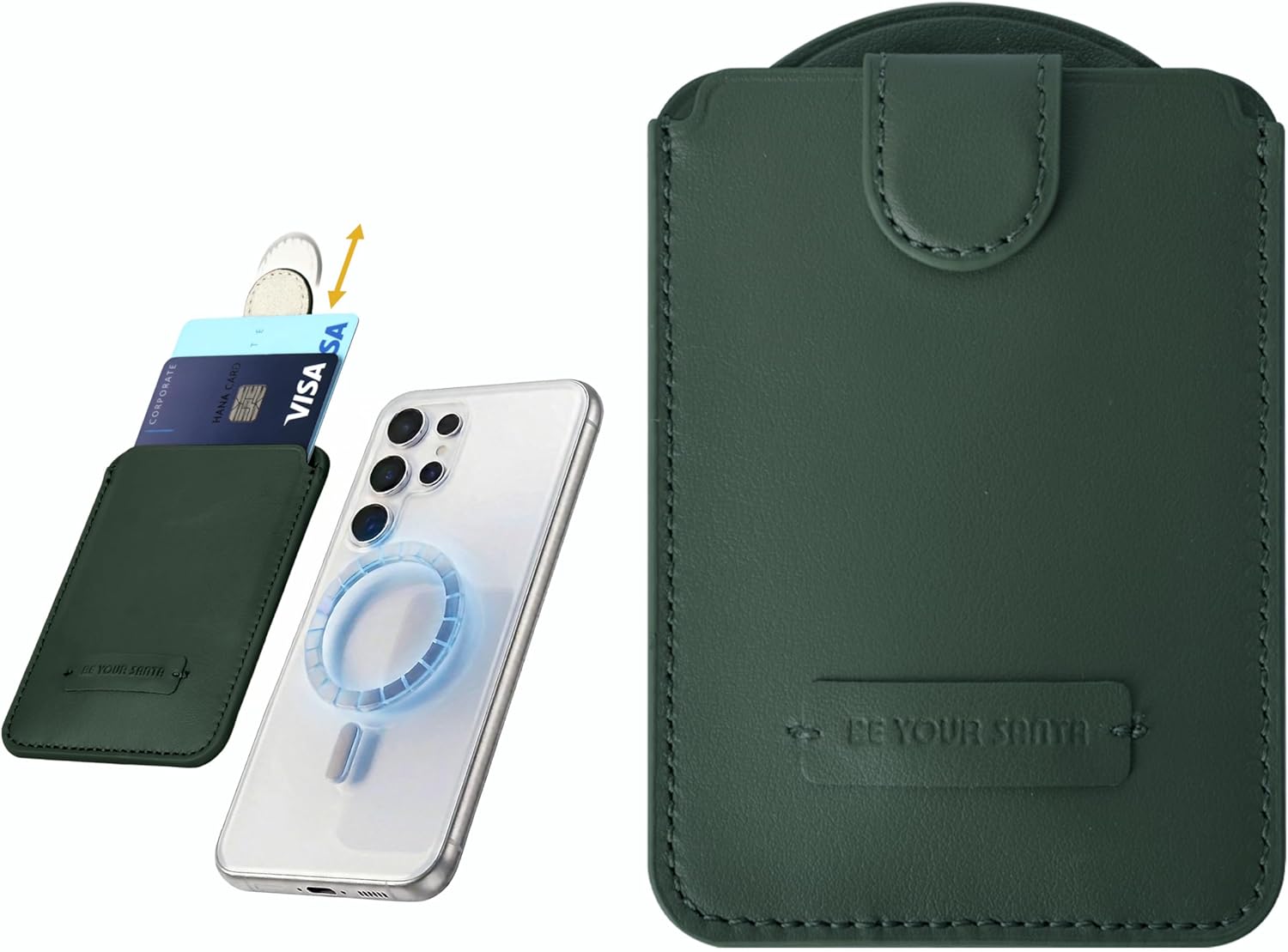 Italian Leather MagSafe Compatible Magnetic Card Wallet - Be Your Santa MagWallet Premier - Pull-Tab for Samsung Galaxy S26 S25 S24 S23 Ultra - Deep Green